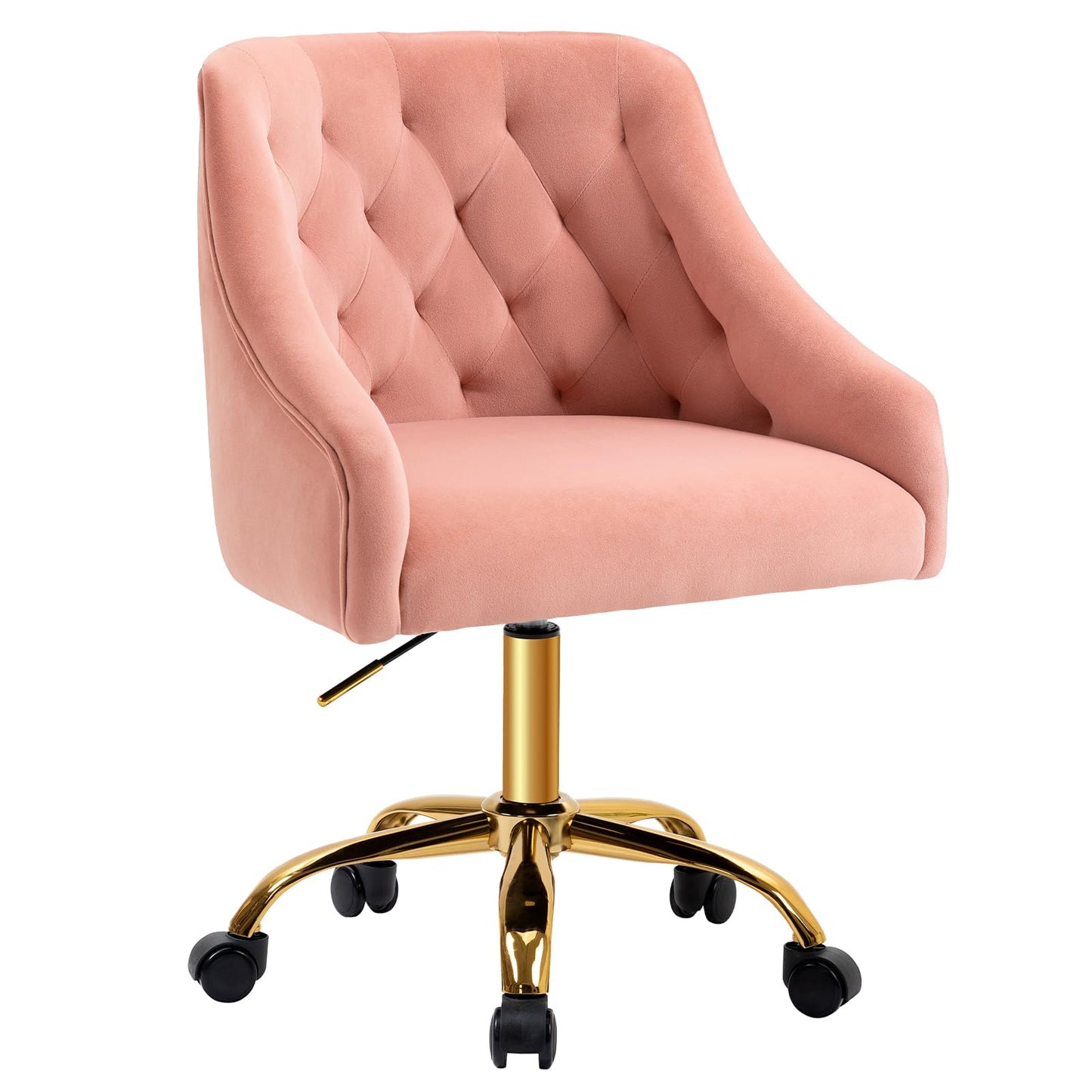 MOJAY Velvet Office Swivel Chair, Vanity Fabric Desk Pretty Fancy Gold Office Chairs for Girls, 360°Swivel Height Adjustable Reception Chair (Pink)
