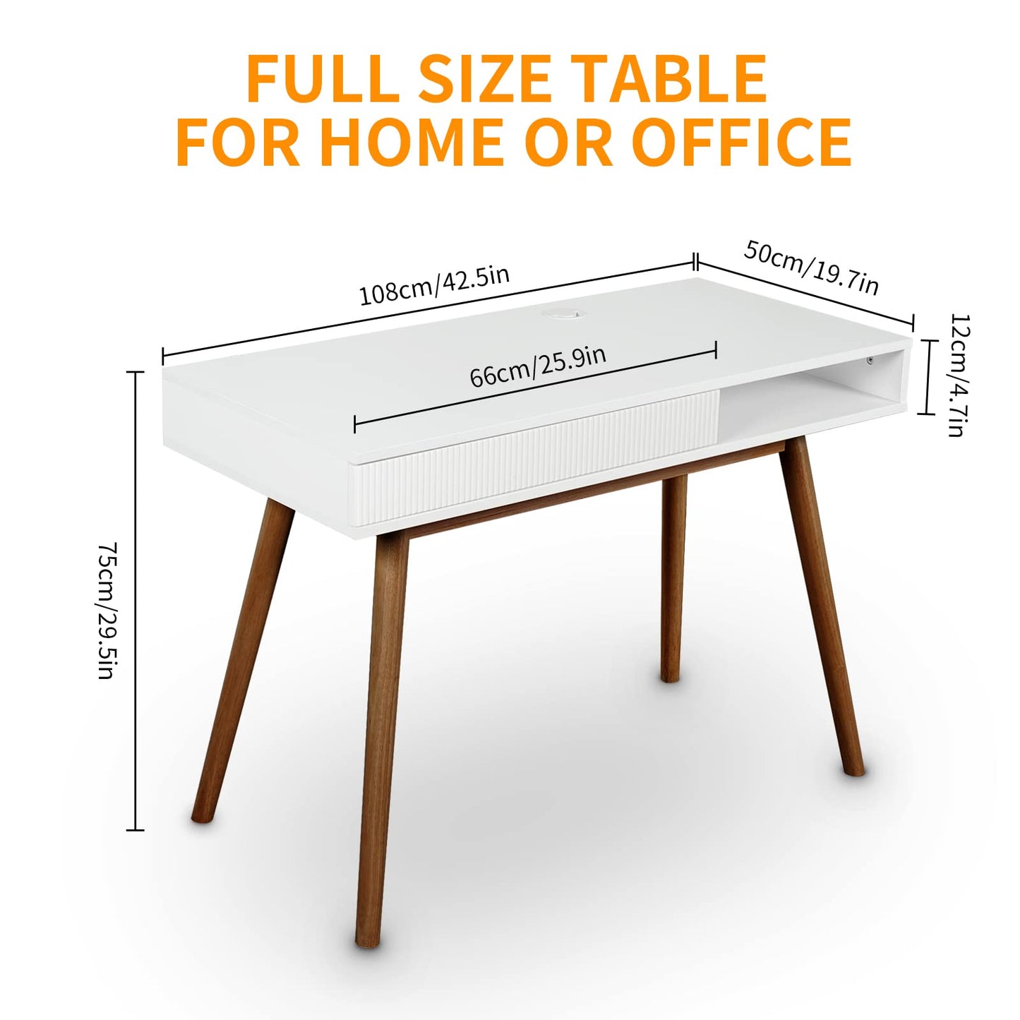 Artswish White Writing Desk with Drawers Mid Century Modern Desk, Wood Office Computer Desks for Small Space, White Desks with Walnut Legs