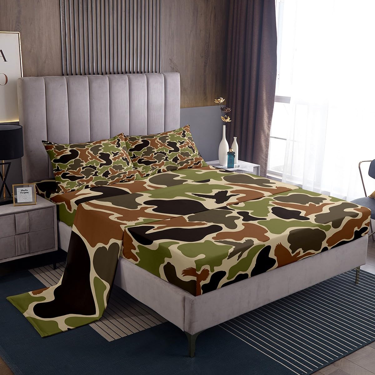 Feelyou Duck Hunter Green Camouflage Hunting Sheet Set Full Size Kids Black Brown Sheets with Deep Pocket Fitted Sheet for Boys Teens Camo Army Bed Sheets Set Breathable Wild Bedding Set Room Decor