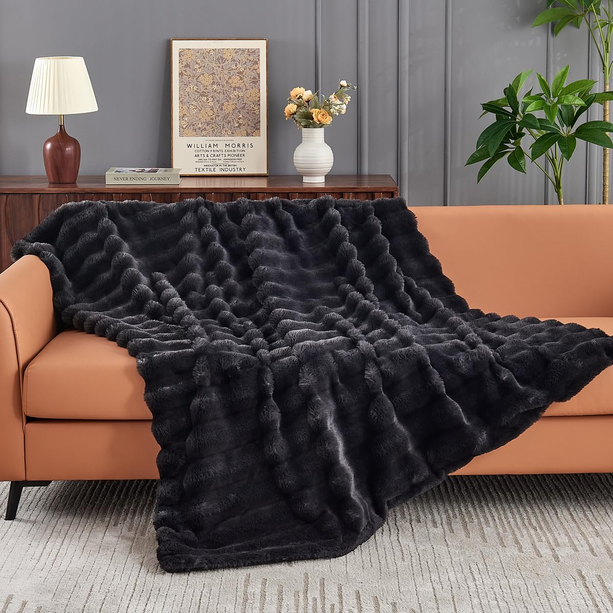 Gusuhome Faux Fur King Couch Blanket - Luxurious Faux Rabbit Fur Bed Blanket Reversible - Cozy Warm Fluffy Fuzzy Plush Striped - 90x106 Inches Black