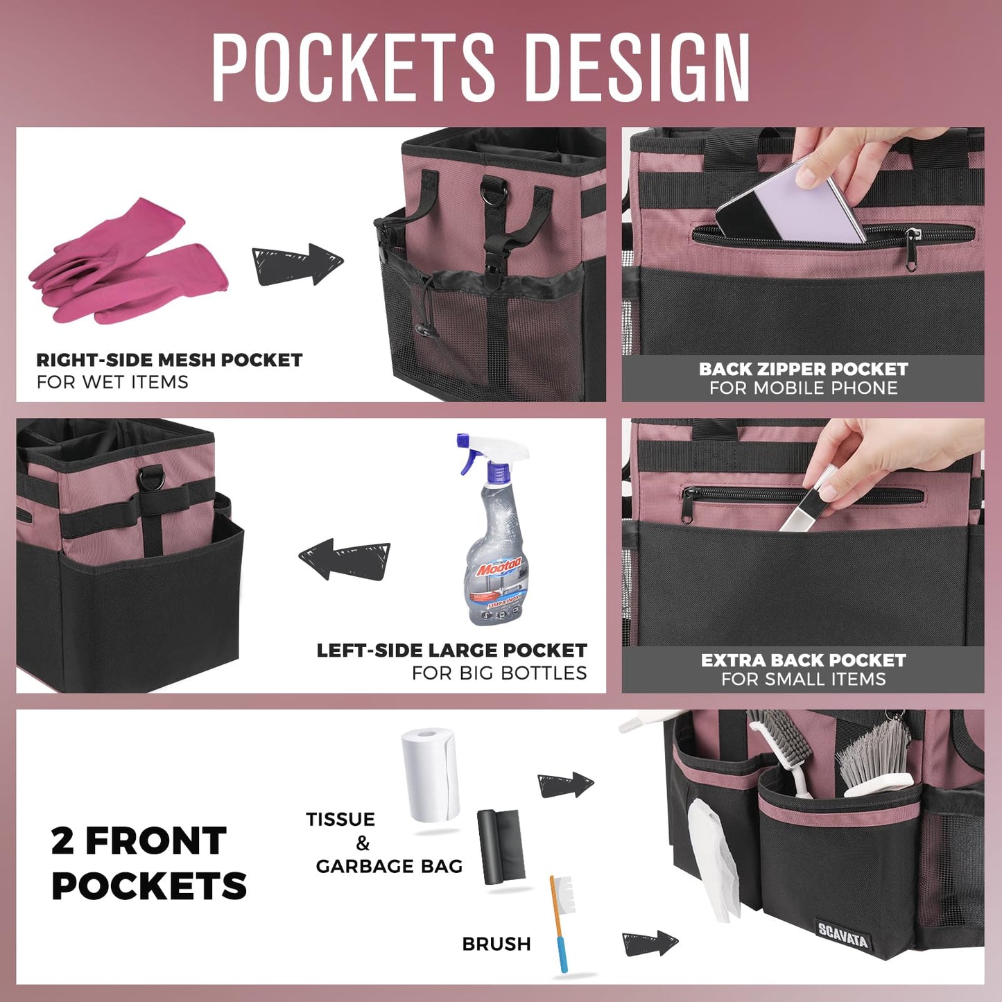 SCAVATA Compact Wearable Cleaning Caddy, Small Cleaning Caddy Supplies Organizer with Handle & Shoulder Straps for Housekeepers, Under Sink & Car Cleaning Tool Organizers Bag (LotusPink)