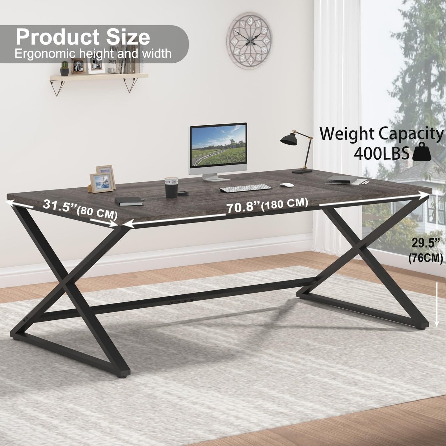 IBF 70 Inch Large Desk, Long Computer Desk for Writing Study, Industrial Home Office Work Executive Desk for Bedroom, Wood Metal Pc Gaming Workstation Computer Table for 2 Monitors, Dark Gray Oak