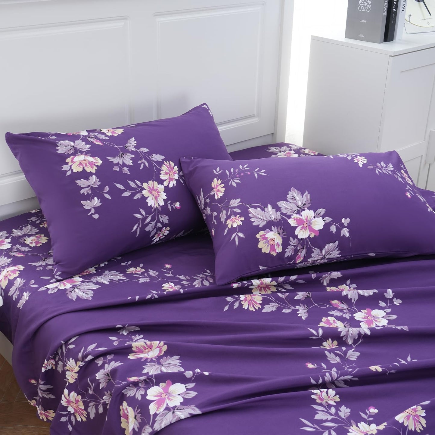 MEISHANG King Sheet Set - Floral Sheets Deep Pocket Ultra Soft Brushed Microfiber with Up to 16" Mattresses - Wrinkle Free - 4 Pieces(King,Purple Floral)