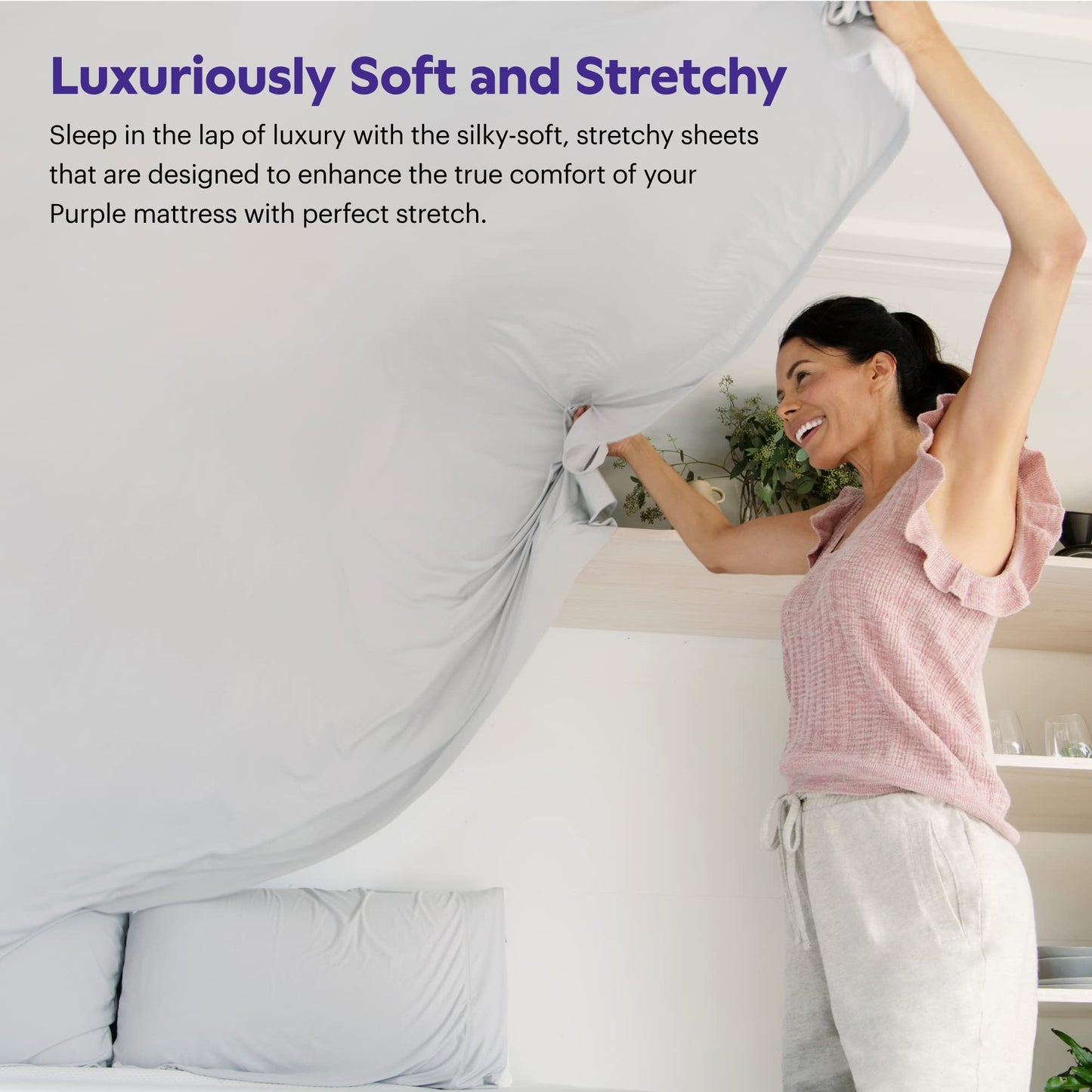 Purple SoftStretch Sheets, Queen Size, Rayon Blend, Moisture-Wicking, Stormy Grey, Fits Other Mattresses, Stretch for Adaptive Support