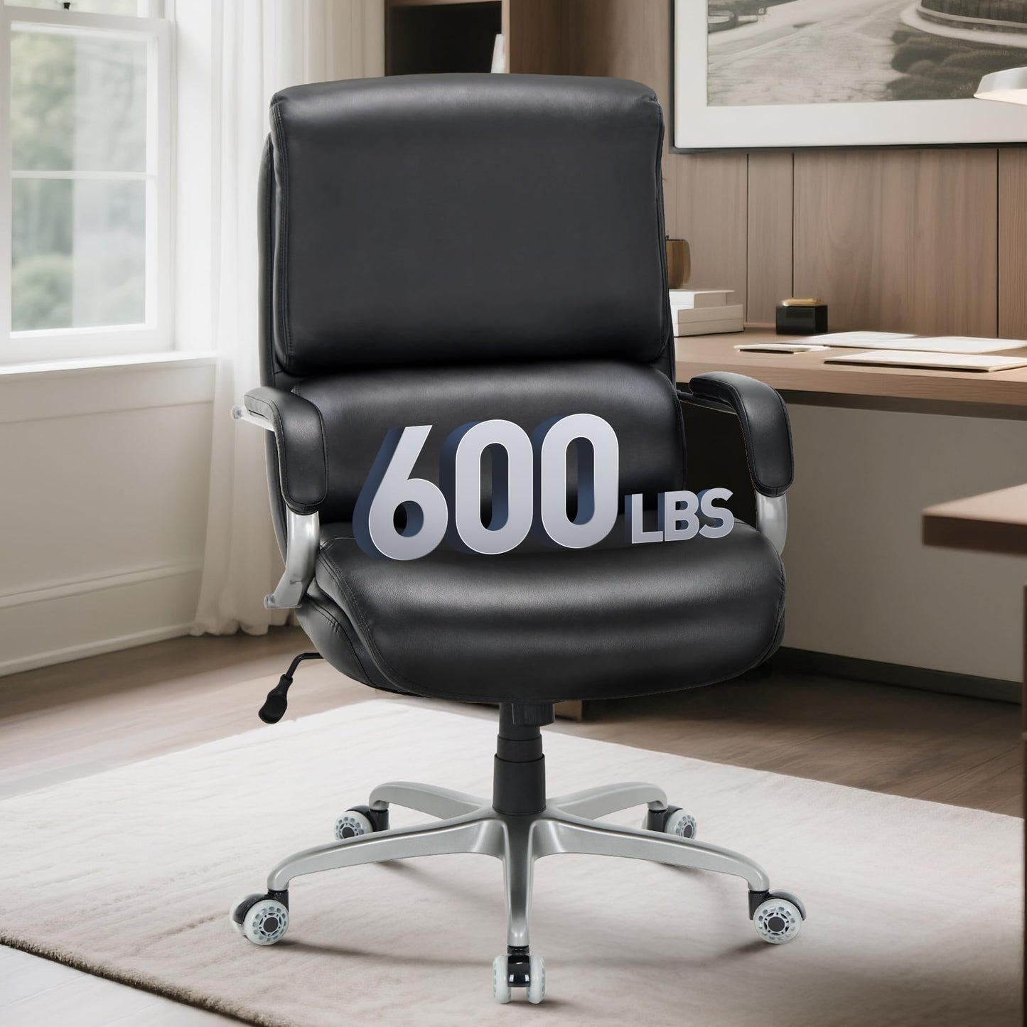 Ergonomic Leather Executive Office Chair for Back Pain Relief, BIFMA High Back Computer Desk Chair with Lumbar Support, 23" Wide Seat Comfy Heavy Duty Office Desk Chairs for Long Hours, Black