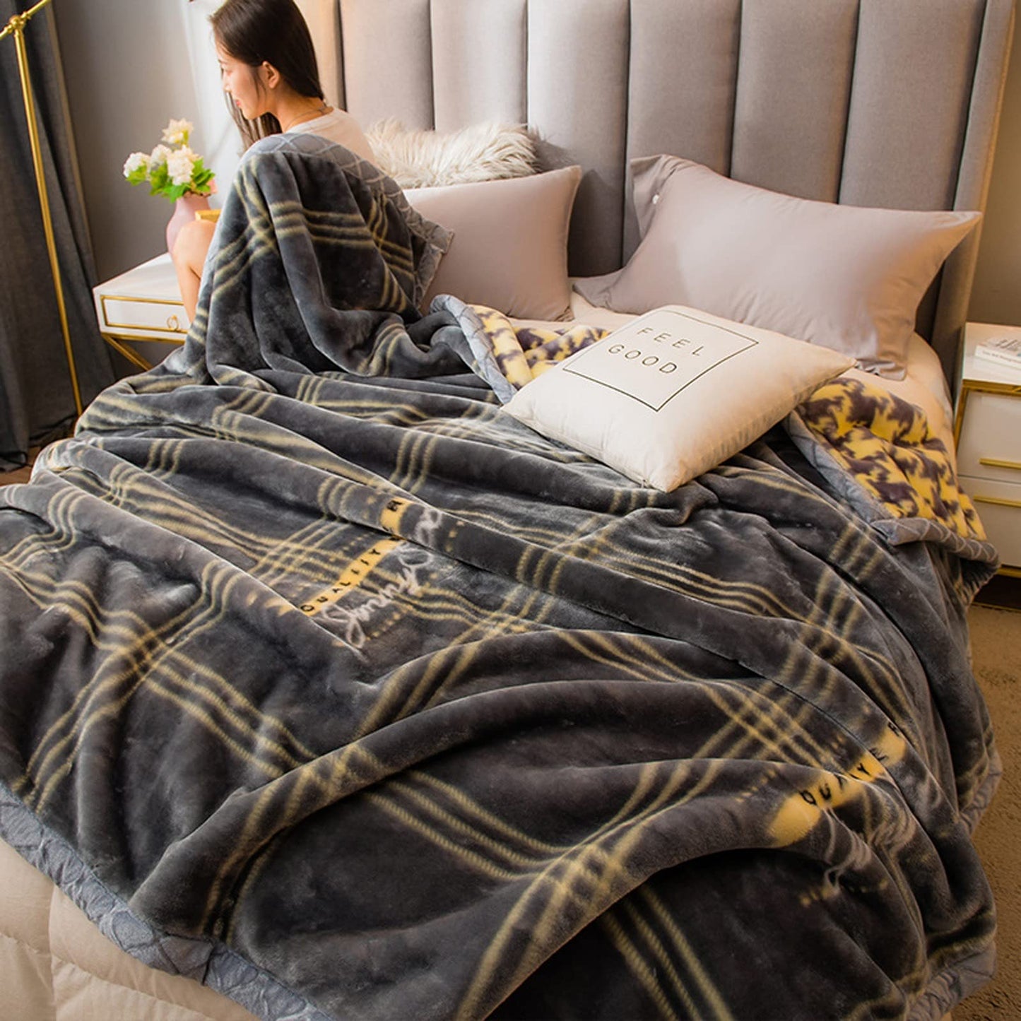 LGYKUMEG 9 Lbs Heavy Winter Fleece Plush Blanket 79"X91",Korean Mink Blanket,Silky Soft and Warm, 2 Ply Reversible Raschel Bed Blanket,Gray,200X230cm