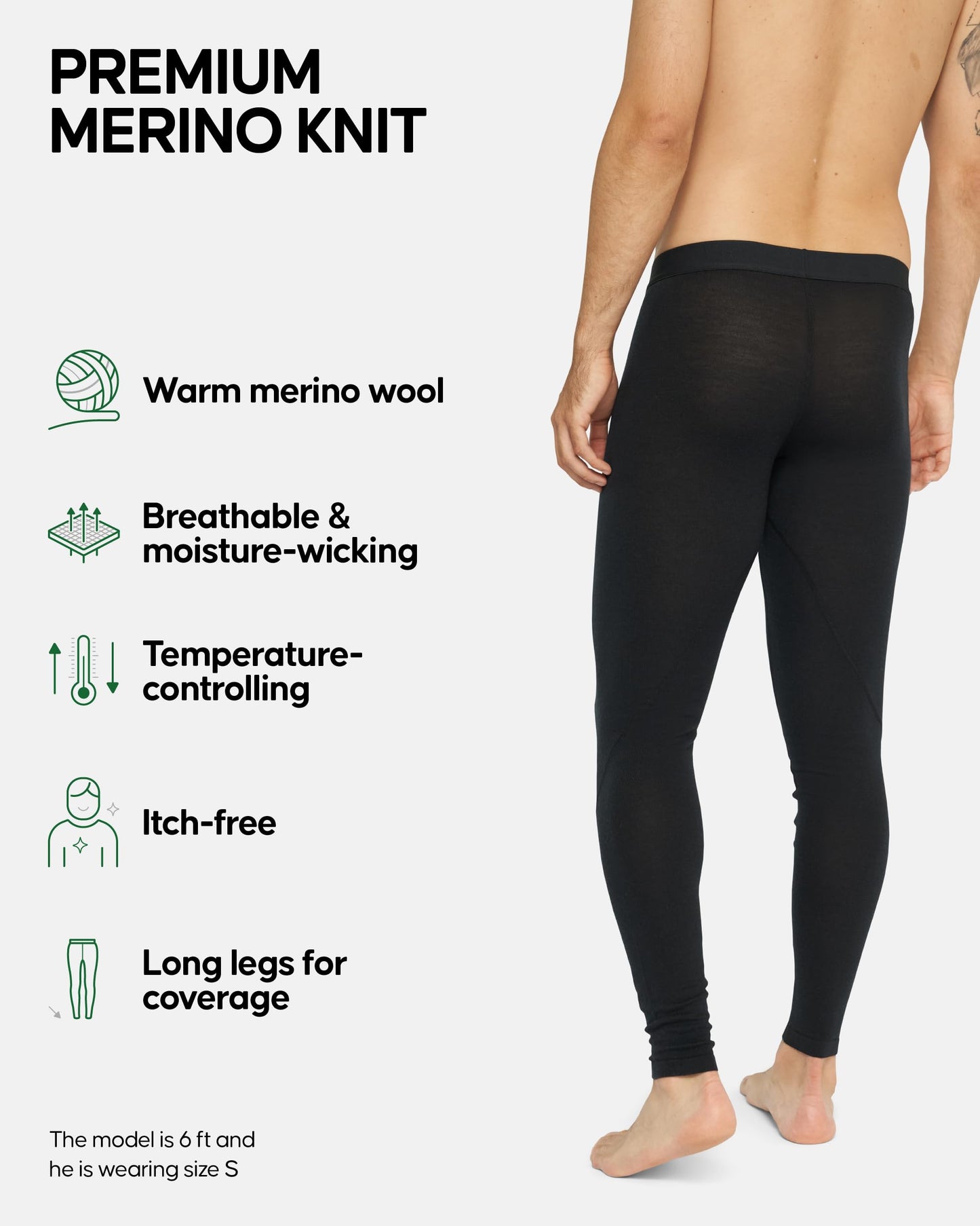 DANISH ENDURANCE Merino Wool Base Layer Pants for Men, Thermal Long Johns, Black, M
