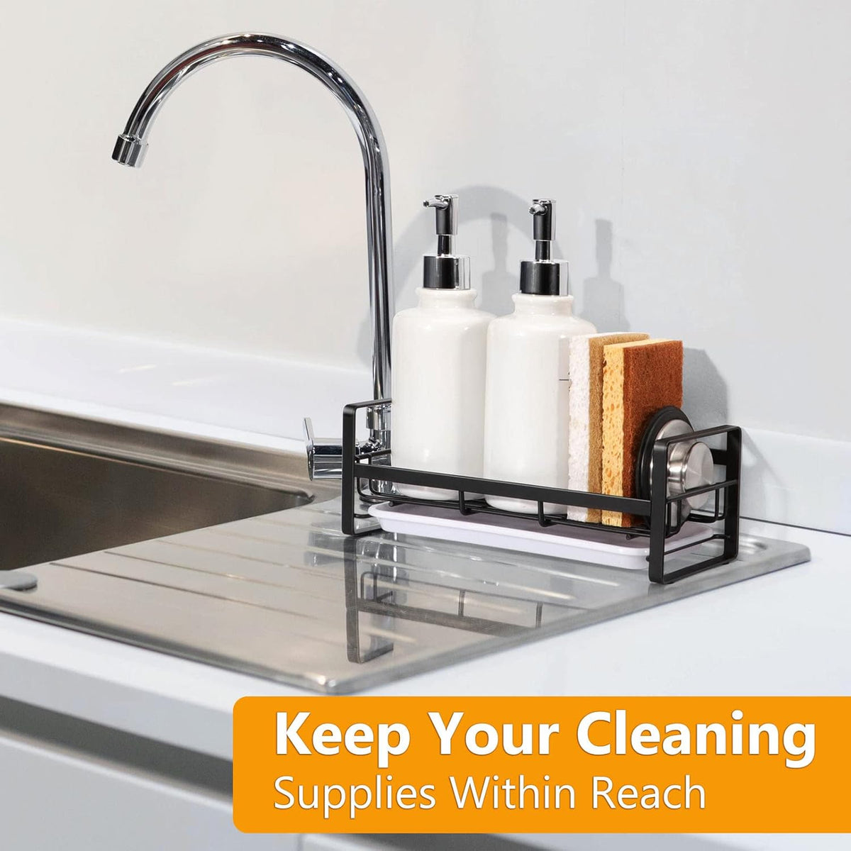 FANGSUN Large Sponge Holder for Kitchen Sink, 304 Stainless Steel Sink Caddy Organizer with Removable Drip Tray, Countertop Dish Soap Holder, Not Include Soap Dispenser, Black