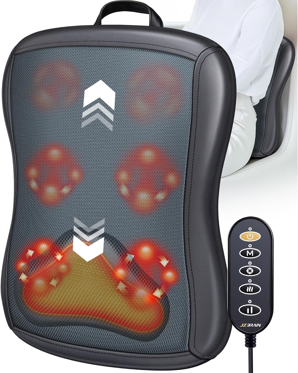 JZBRAIN Shiatsu Back Massager with Heat : Up and Down Rolling Massage - Electric Back Massager for Pain Relief Deep Tissue - Heated Lower Back Massager for Office, Home, Car Use