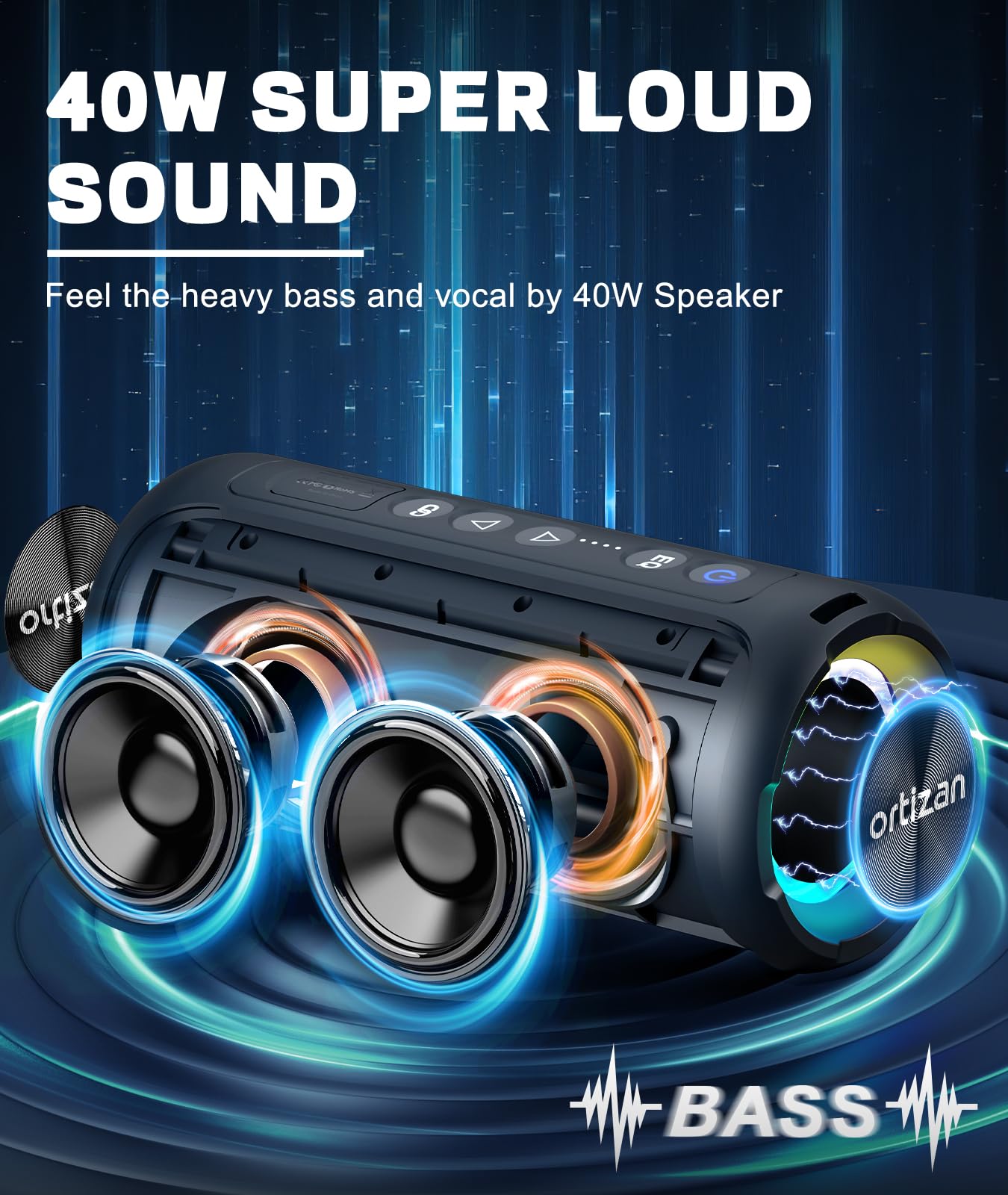 Ortizan Bluetooth Speakers, Portable Wireless Stereo Speaker - IPX7 Waterproof, 40W Loud Sound, Dual Pairing, Deep Bass, LED Light, Bluetooth 5.3, for Home/Shower/Outdoor/Beach, Gifts for Adult, Navy