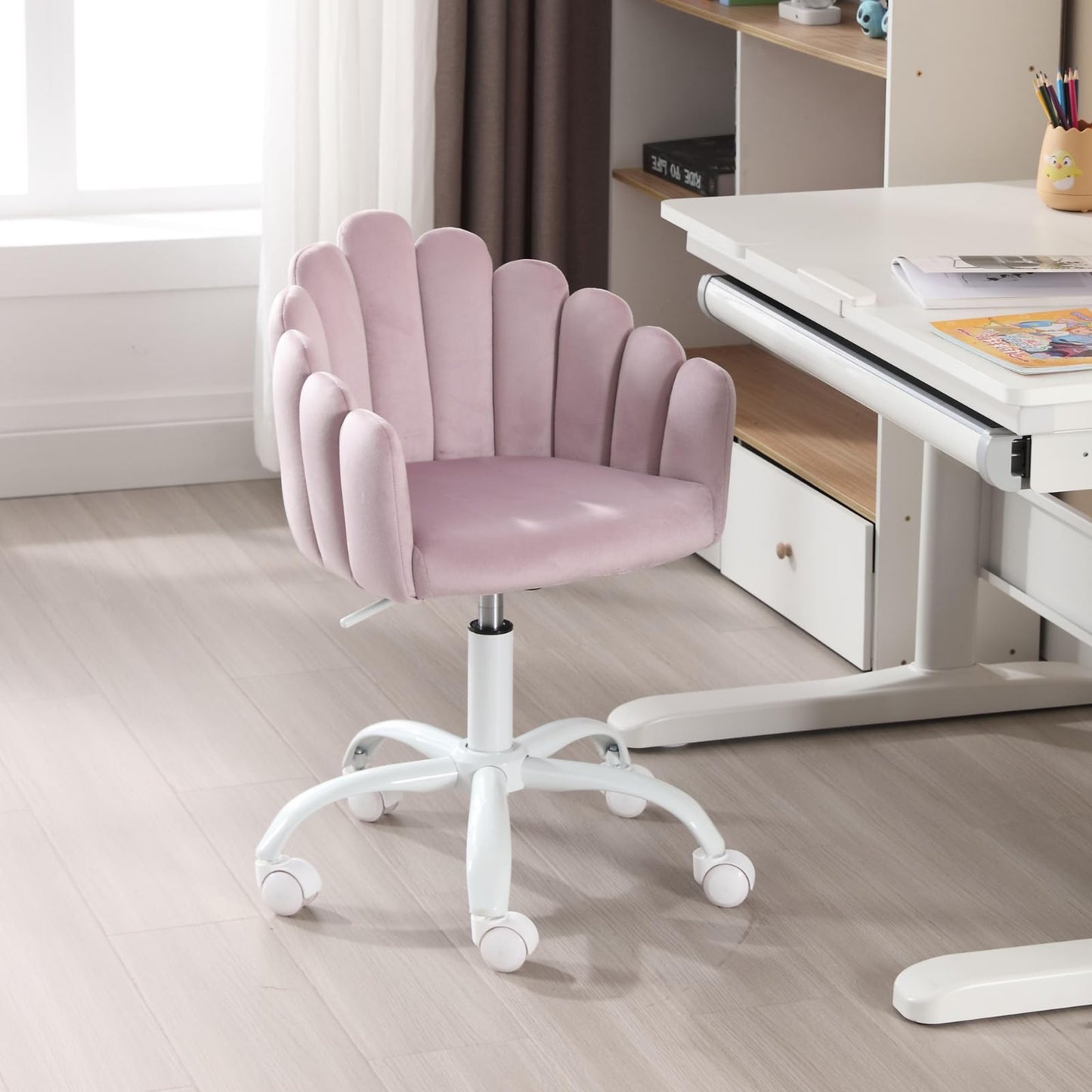 Ya-Home Cute Kids Swivel Desk Chair, Velvet Upholstered Bedroom Adjustable Study Chair with Wheels,Shell Shaped Vanity Chairs for Girls Bedroom, Reading Room, Purple