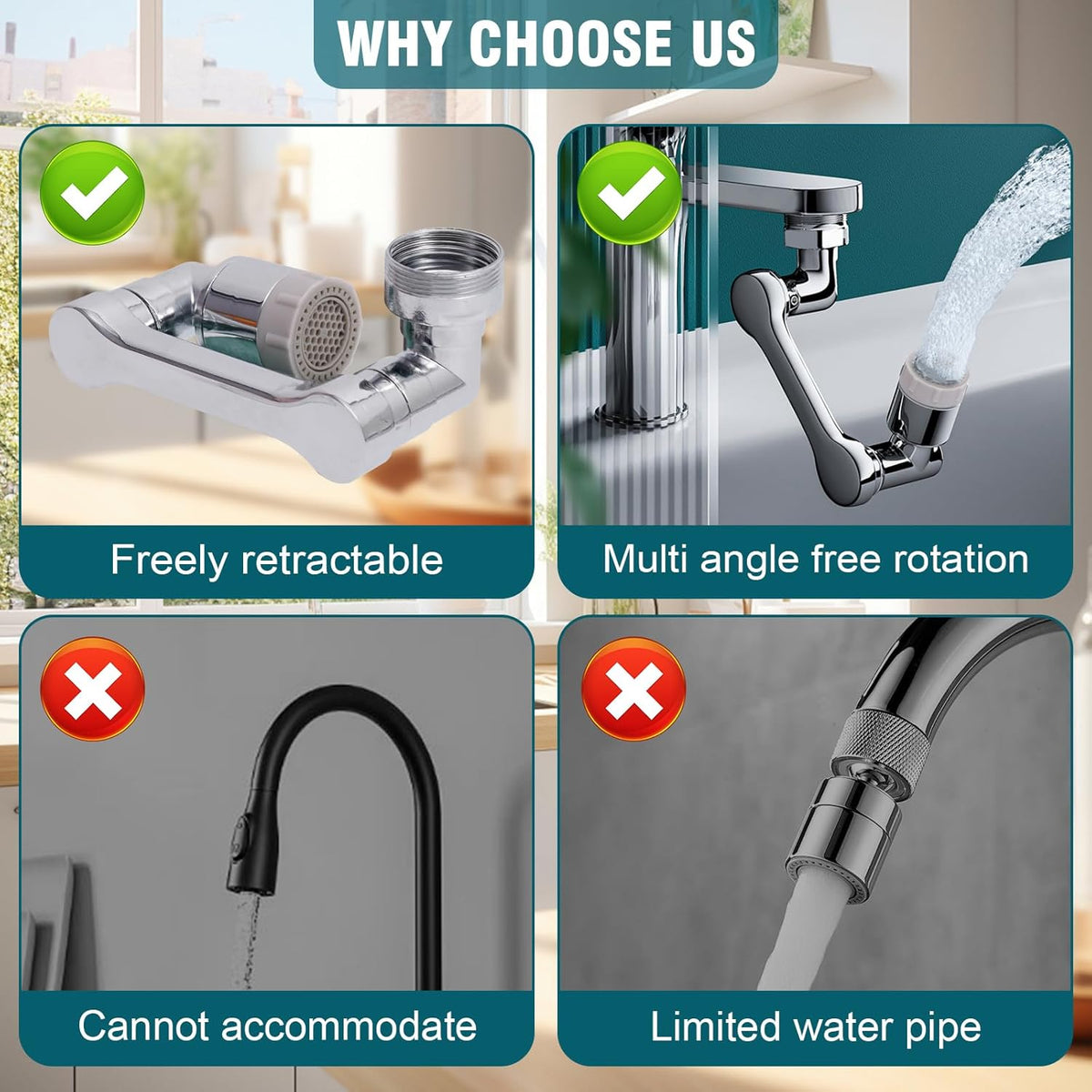 Faucet extender 1080 ° rotation, faucet extender, rotating robotic arm, suitable for bathrooms and kitchens, with 2 water flow modes for washing eyes/hair/face (silvery)