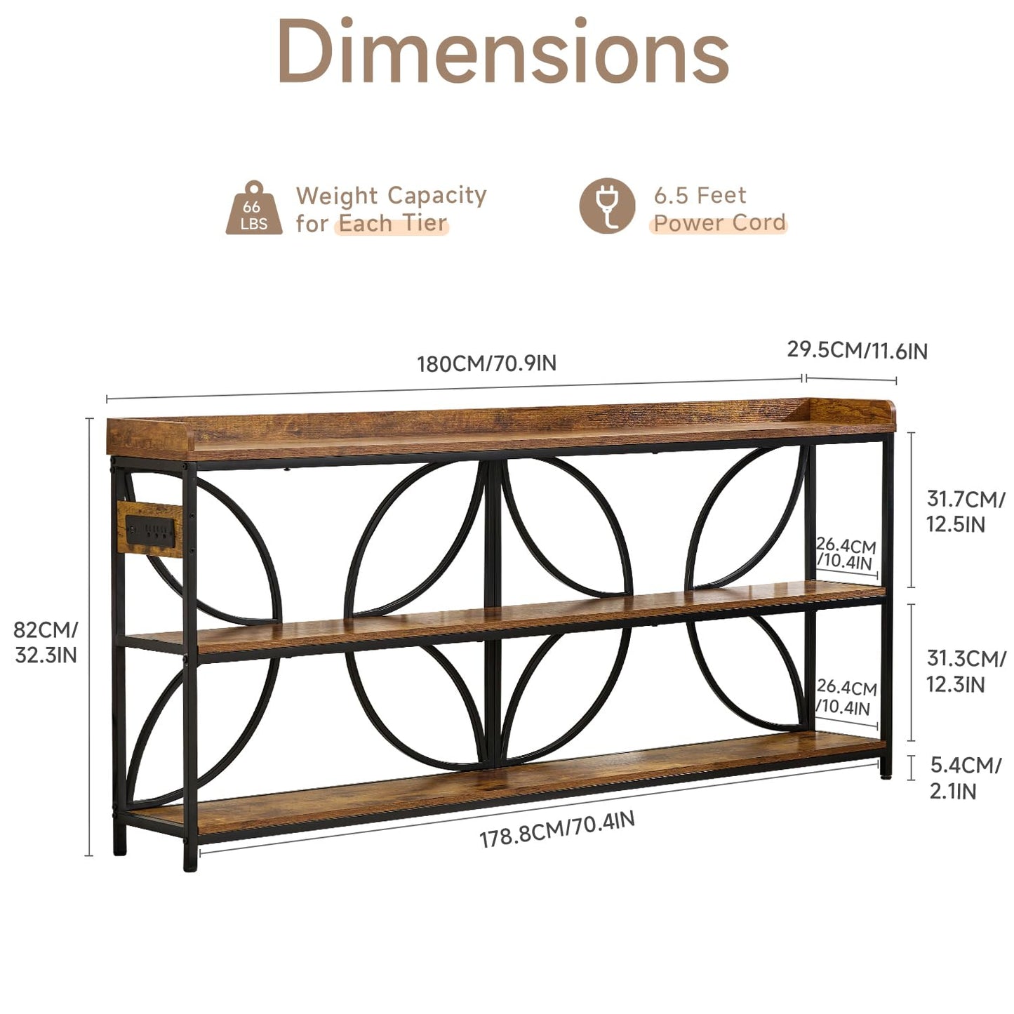 TPHORK 70.9'' Sofa Tables, 3-Tier Console Table with USB Charging Ports & Outlets & Metal Frame, Industrial Storage Shelves for Hallway Living Room Entryway Foyer Behind Couch TV Stands (Rustic)