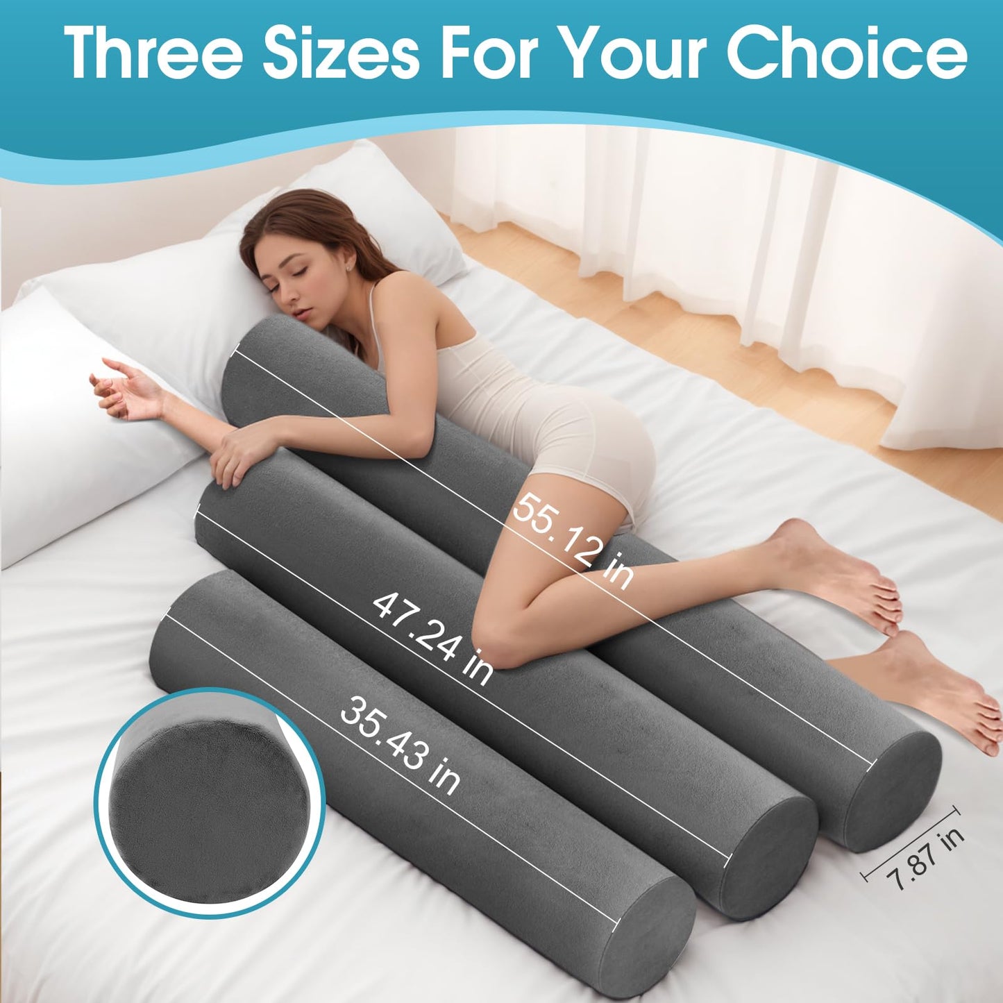 SereneCloud Memory Foam Body Pillow, Long Pillow for Bed, Big Full Body Pillows for Adults, Multifunctional Bolster Pillow with Removable & Washable Velvet Cover, Cylindrical Side Pillow (35.43"*7.9")