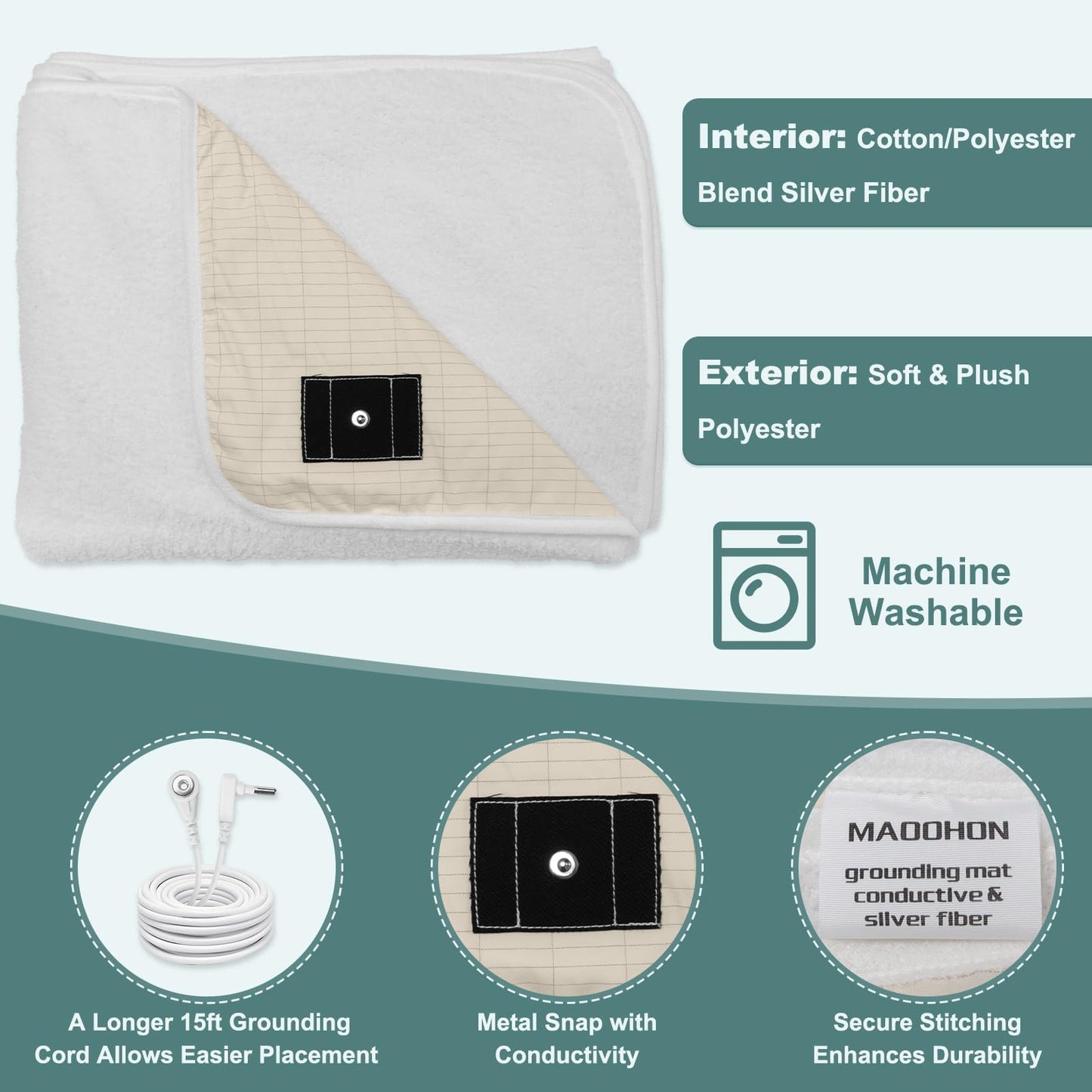 MAOOHON Grounding Blanket Queen, Earth Connected Bedding Throw, Grounding Sheet for Improved Sleep, Includes Silver Fiber 60x80 Inch, White