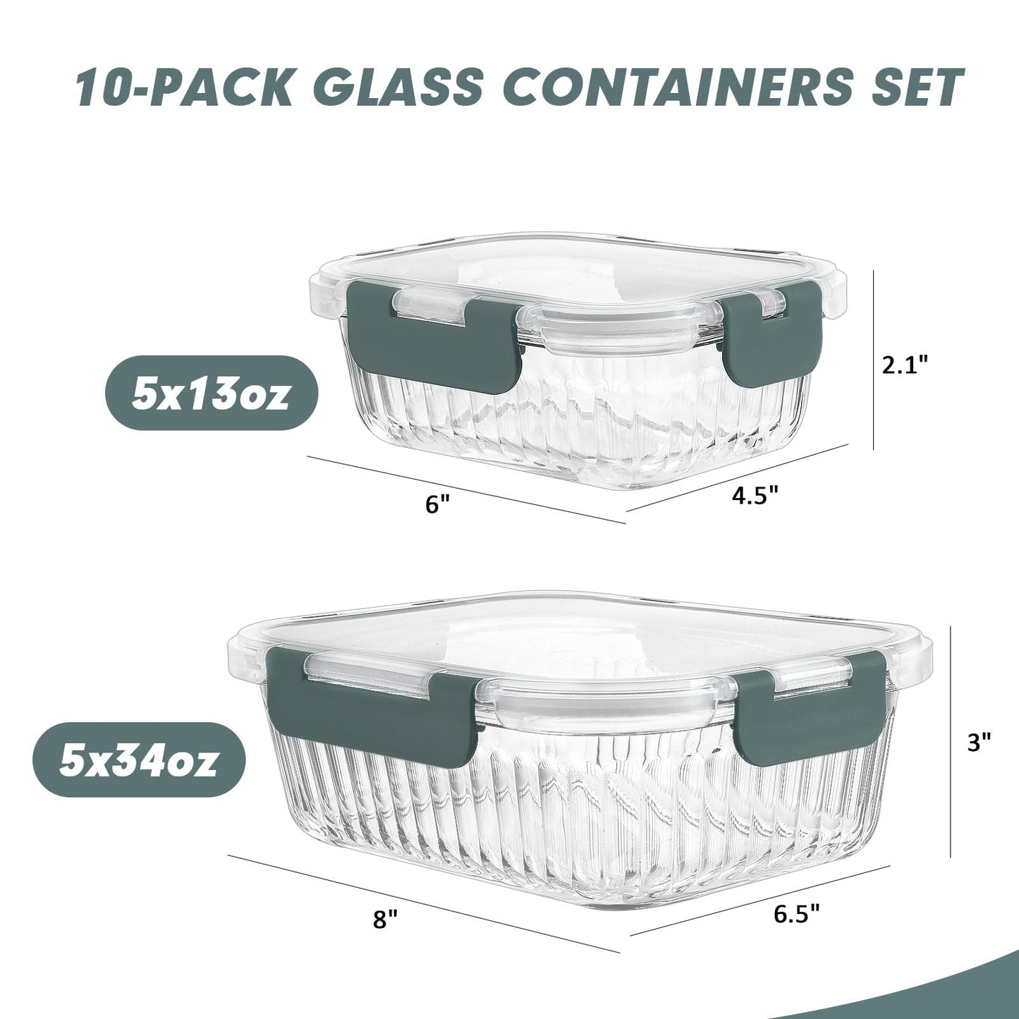 KOMUEE 10 Packs Glass Meal Prep Containers with Lids, Glass Food Storage Containers Set, Airtight Lunch Containers, Microwave, Oven, Freezer and Dishwasher Safe, Gray