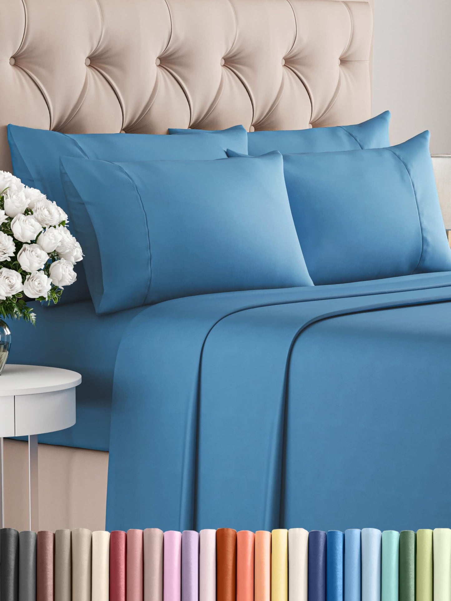 Full 6 Piece Sheet Set - Comfy Breathable & Cooling - Ultra-Soft Hotel Luxury Bedding Set with 8-16 Inch Deep Pockets - 1 Flat & 1 Fitted Sheet & 4 Pillowcases - Wrinkle Free & Easy Care - Denim Blue