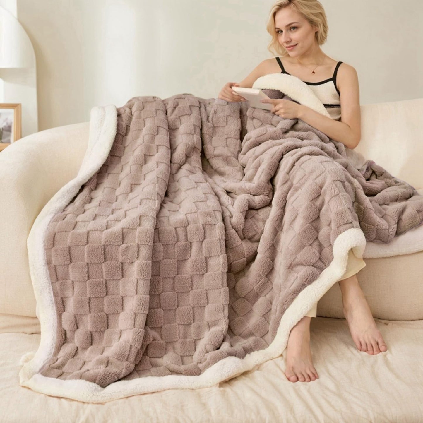 Sherpa Throw Blanket for Couch, Flannel Cozy Soft Blanket for Bed - Fleece, Coffee, 60x80 Inches