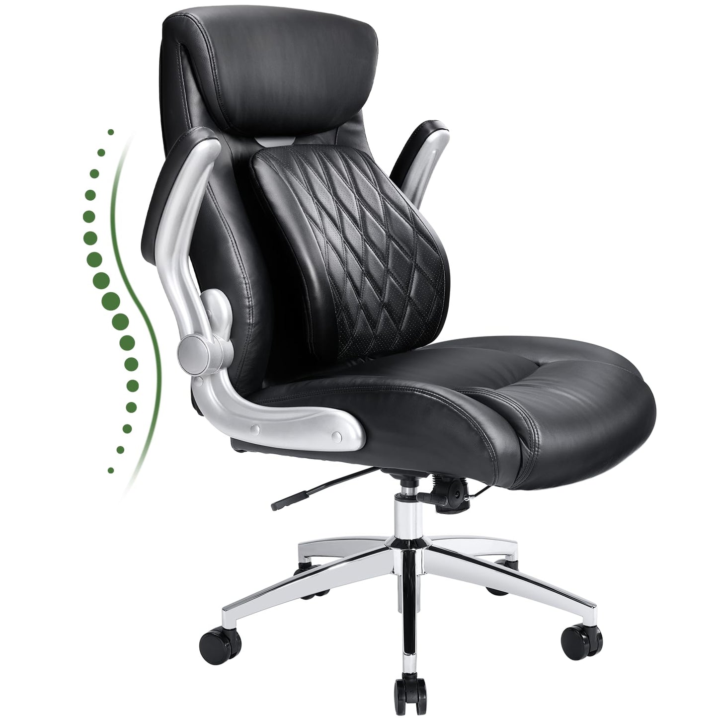 Marsail Comfortable-Office Chair with Dynamic-Lumbar Support: High Back PU Leather Executive Office Chair with Flip-up Arms Tilt Function, Ergonomic Executive Desk Chair for Home Office Work