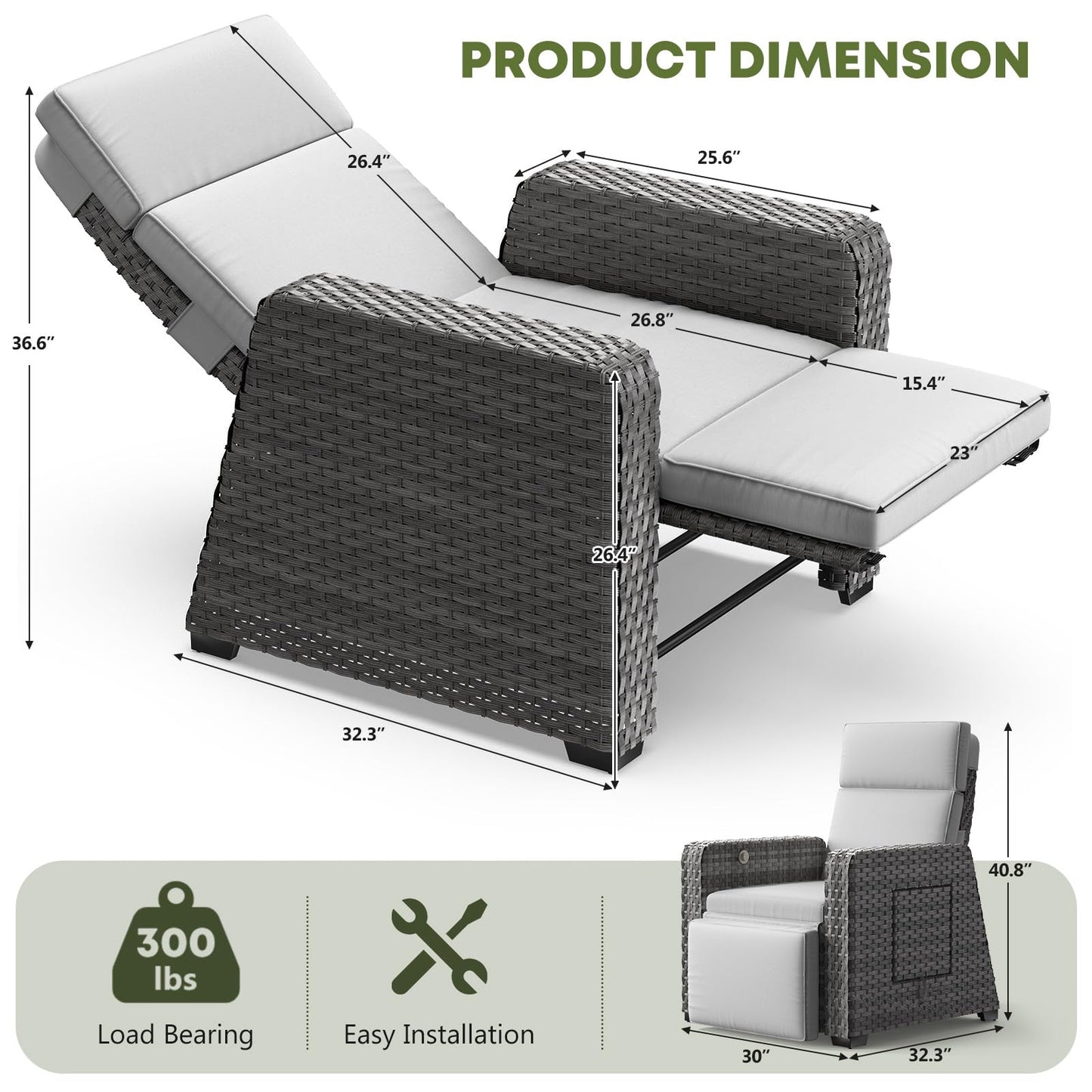 Outdoor Recliners Set of 2 - Wicker Patio Reclining Chairs with Flip-Up Side Table, 150Β° Lay-Flat Position, Extended Footrest & Removable Gray Olefin Cushions