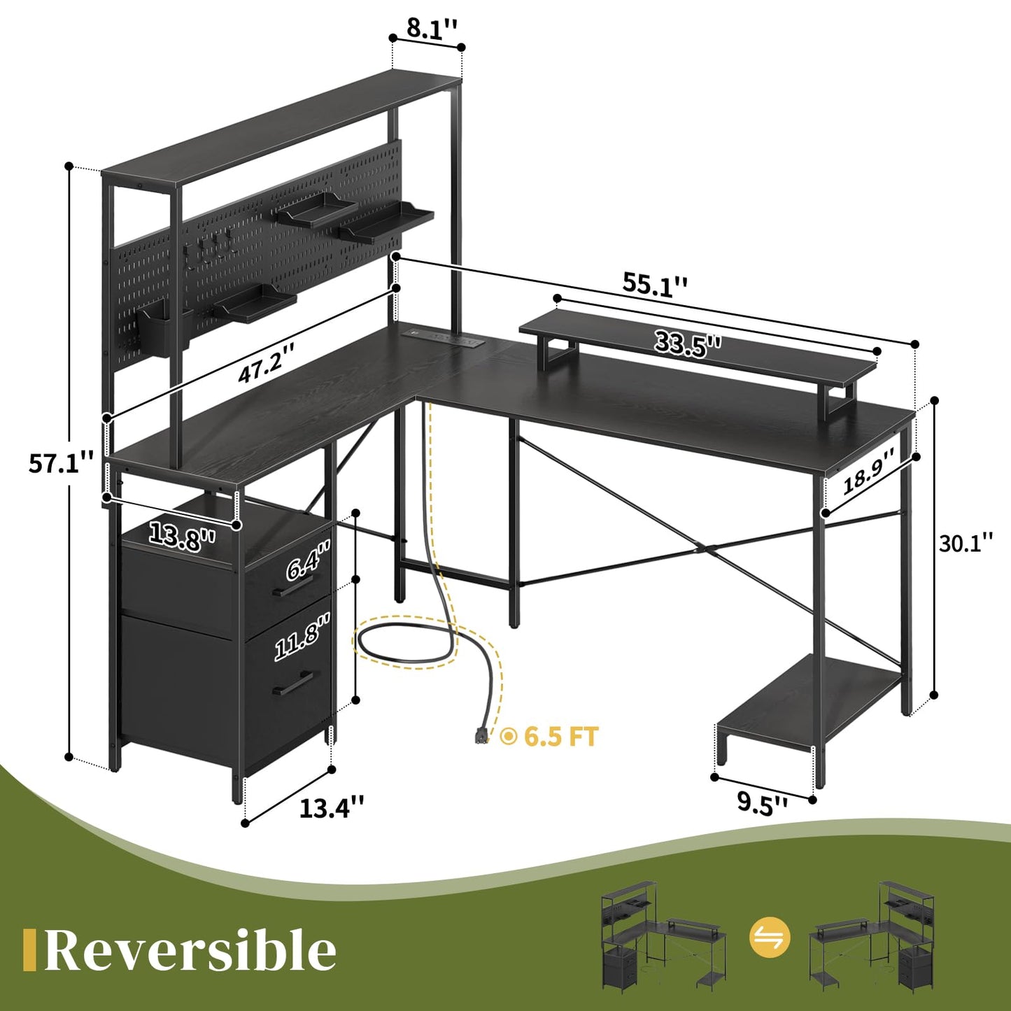 Yoobure L Shaped Desk with Pegboard, Reversible Computer Desk with Drawers & Storage Shelves, Gaming Desk with LED Lights & Power Outlets, Office Desk with Monitor Stand Corner Desk Home Office Desks