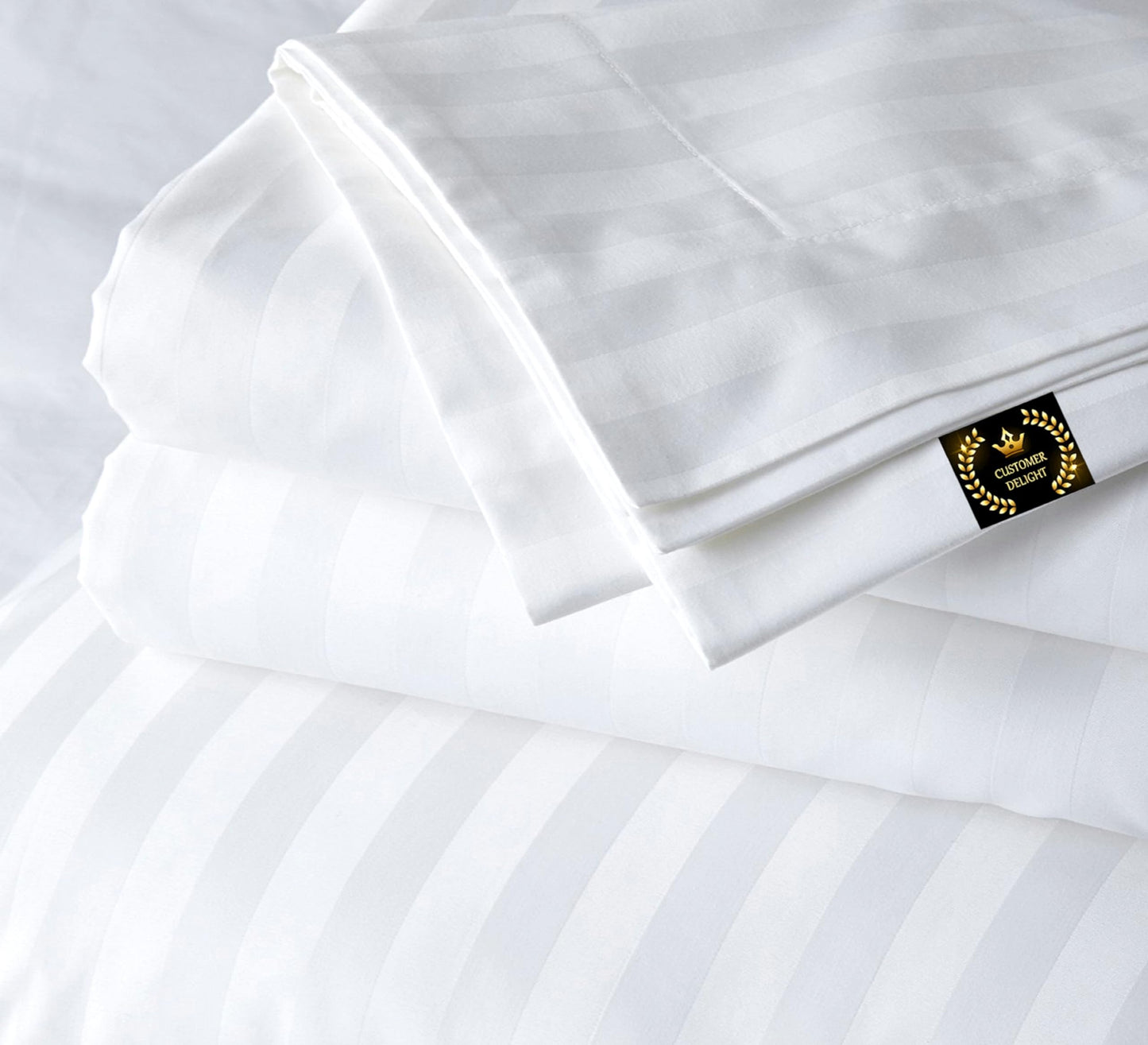 CUSTOMER DELIGHT 100% Egyptian Cotton Sheets King Size – Hotel Luxury Sheets - White Striped King Bed Sheet – 4 Piece Bedding Set - Extra Deep Pocket Fits Upto 17”
