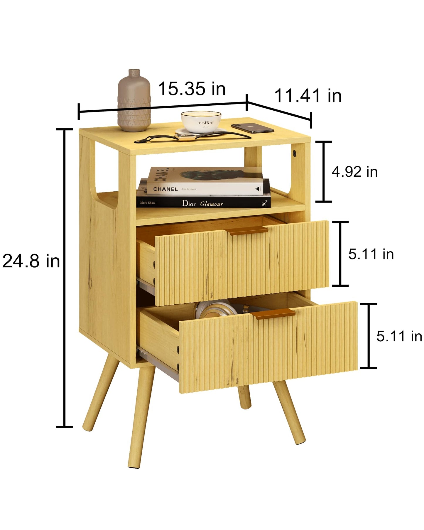 Leomonio Nightstand,Modern Bedside Table with 2 Storage Drawer and Open Wood Shelf, for Bedroom and Small Spaces,Night Stand with Solid Wood Legs, Yellow Oak