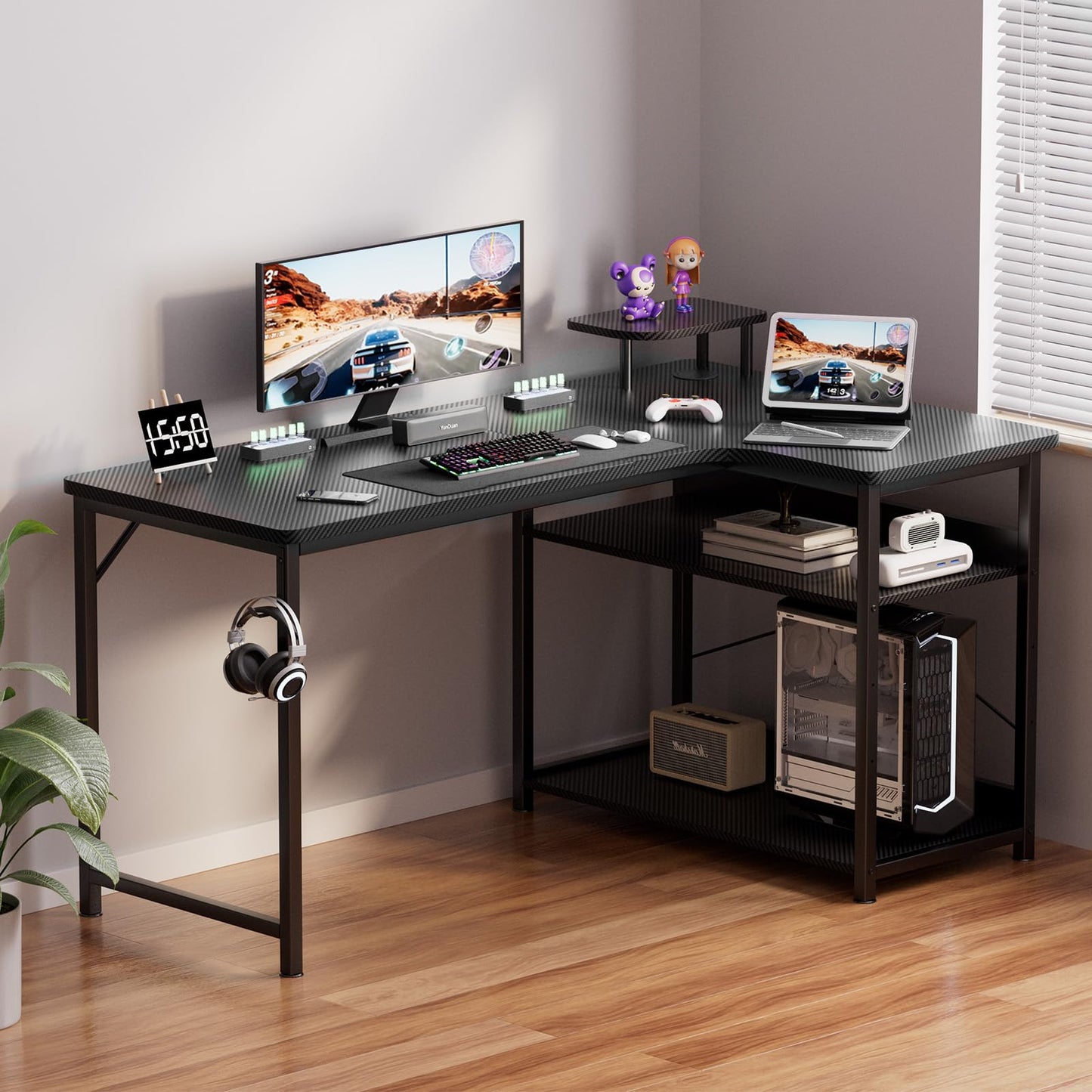 GTPLAYER L Shaped Gaming Desk, Carbon Fiber Style Computer Desk with Monitor Shelf and Hook, Black Small L Shape Desk with Adjustable Open Storage Shelf, Corner PC Table for Small Space Home Office