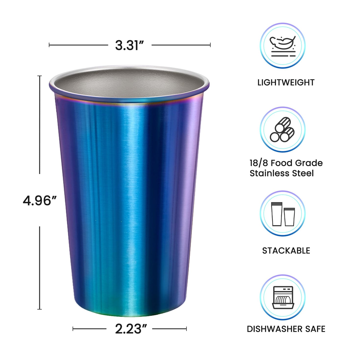 MEWAY 4 Pack 16oz Stainless Steel Pint Cup,Healthy Unbreakable and Stackable,Metal Drinking Glasses,Beer Glasses(Rainbow)