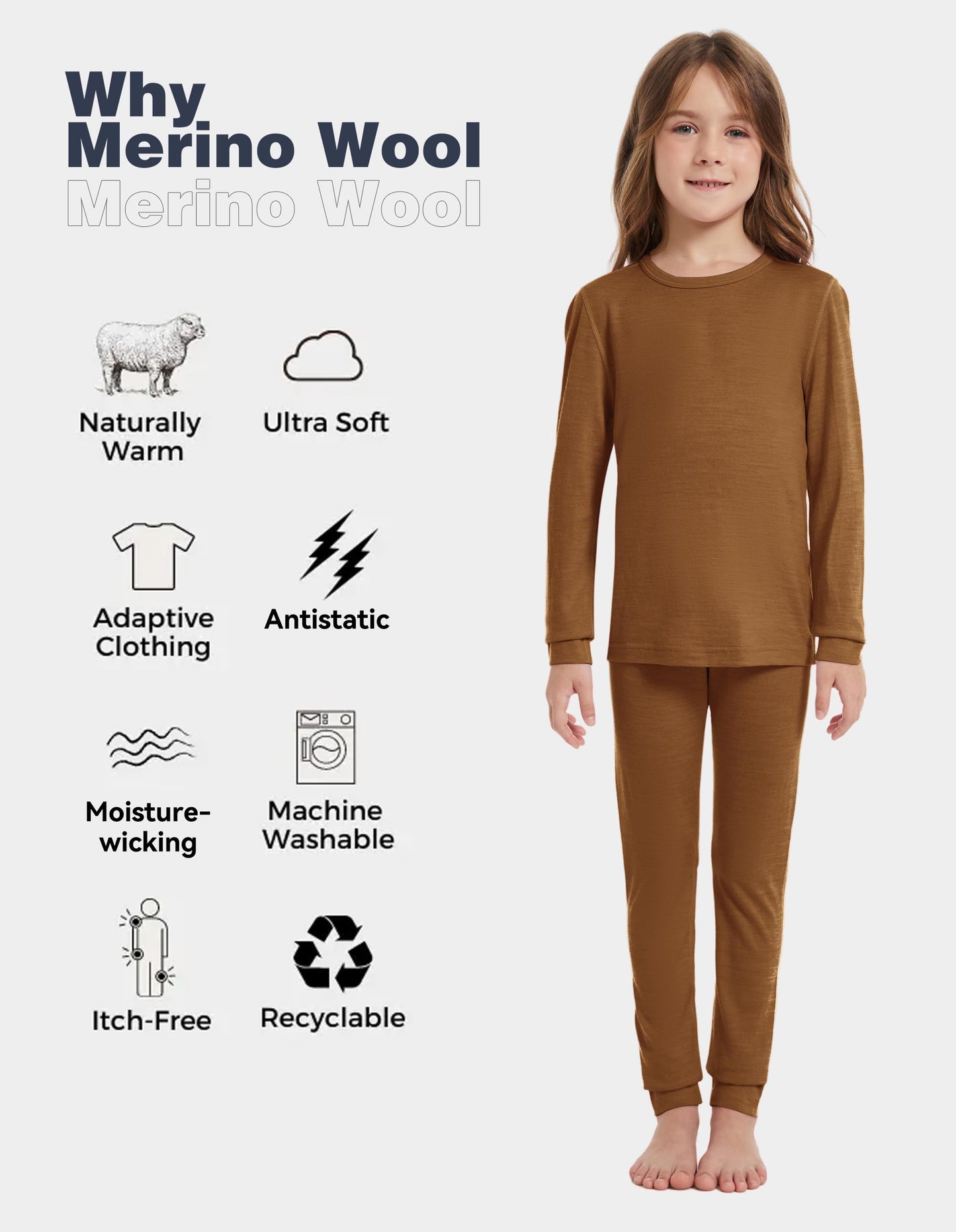 woolcano Kids Unisex 100% Merino Wool Base Layer Sets Lightweight Thermal Underwear Cooper 9-10