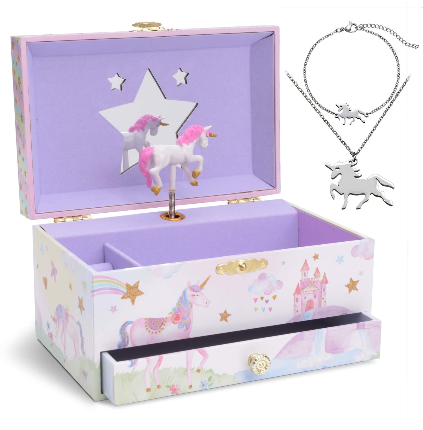 Jewelkeeper Jewelry Box for Girls with Drawer - Spinning Unicorn Doll to The Beautiful Dreamer Tune Music Box - Little Girls' Jewelry Set Includes Unicorn Bracelet and Necklace - 5Dx7Wx4H Inches
