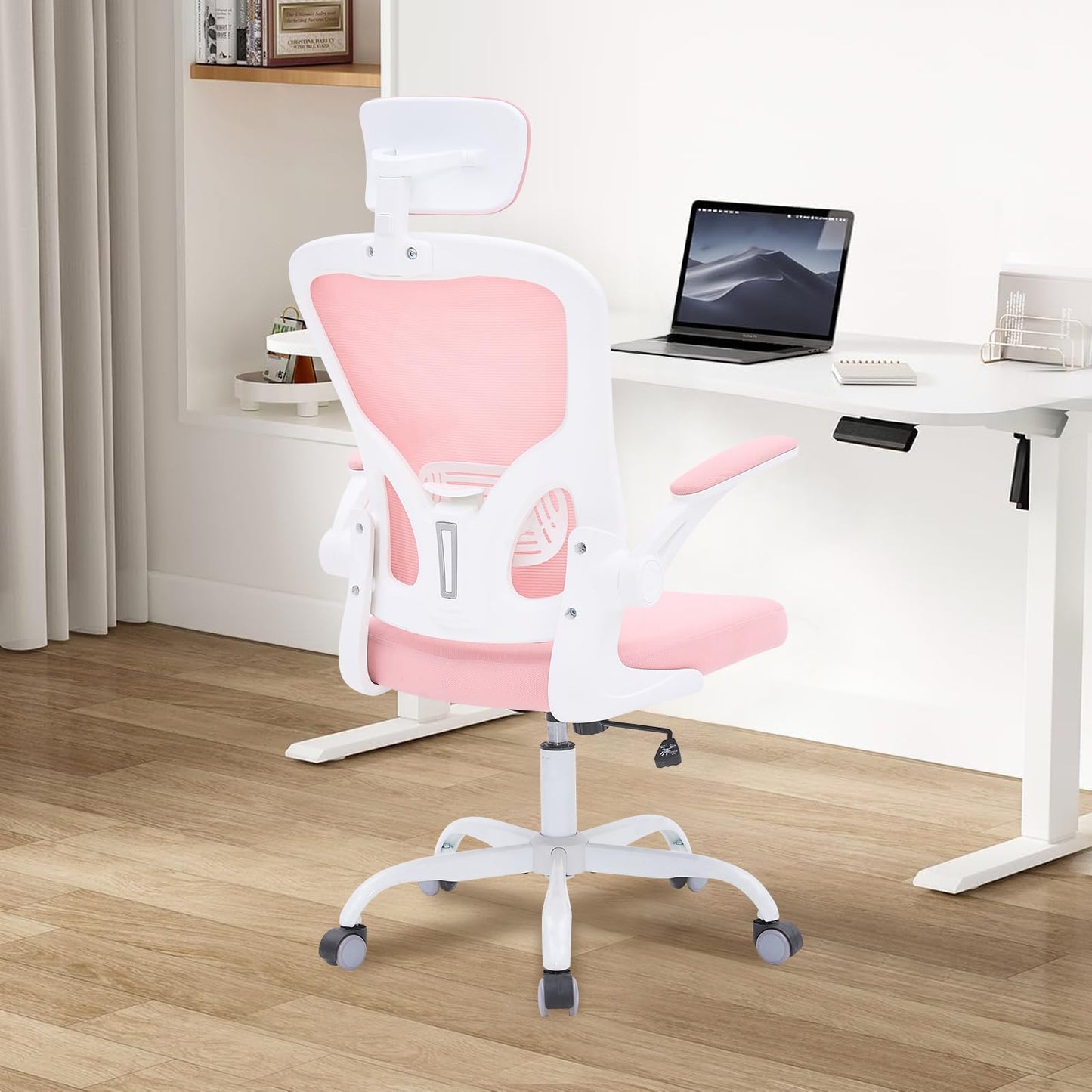 SJGUOJI Ergonomic Office Chair, High Back Mesh Computer Chair with Flip-up Armrests and Headrests, Rolling Task Chairs for Home Office, Pink