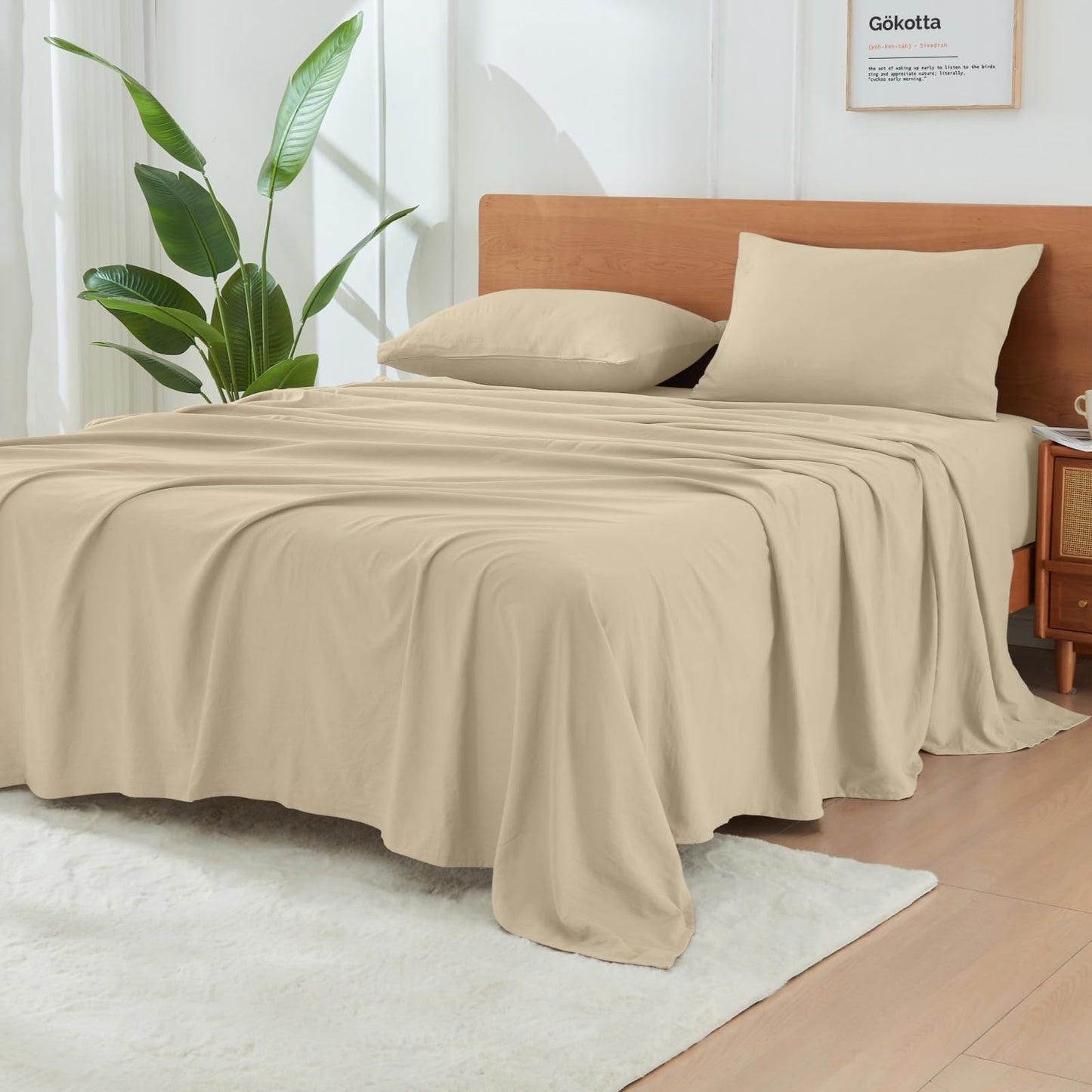 GOKOTTA 4 Piece Full Size Sheet Set, 15 Inch Deep Pocket Full Size Bed Sheets with Elastic Corner Straps, Soft & Breathable Double Brushed Microfiber, Wrinkle Free & Hotel Luxury Sheets - Tan