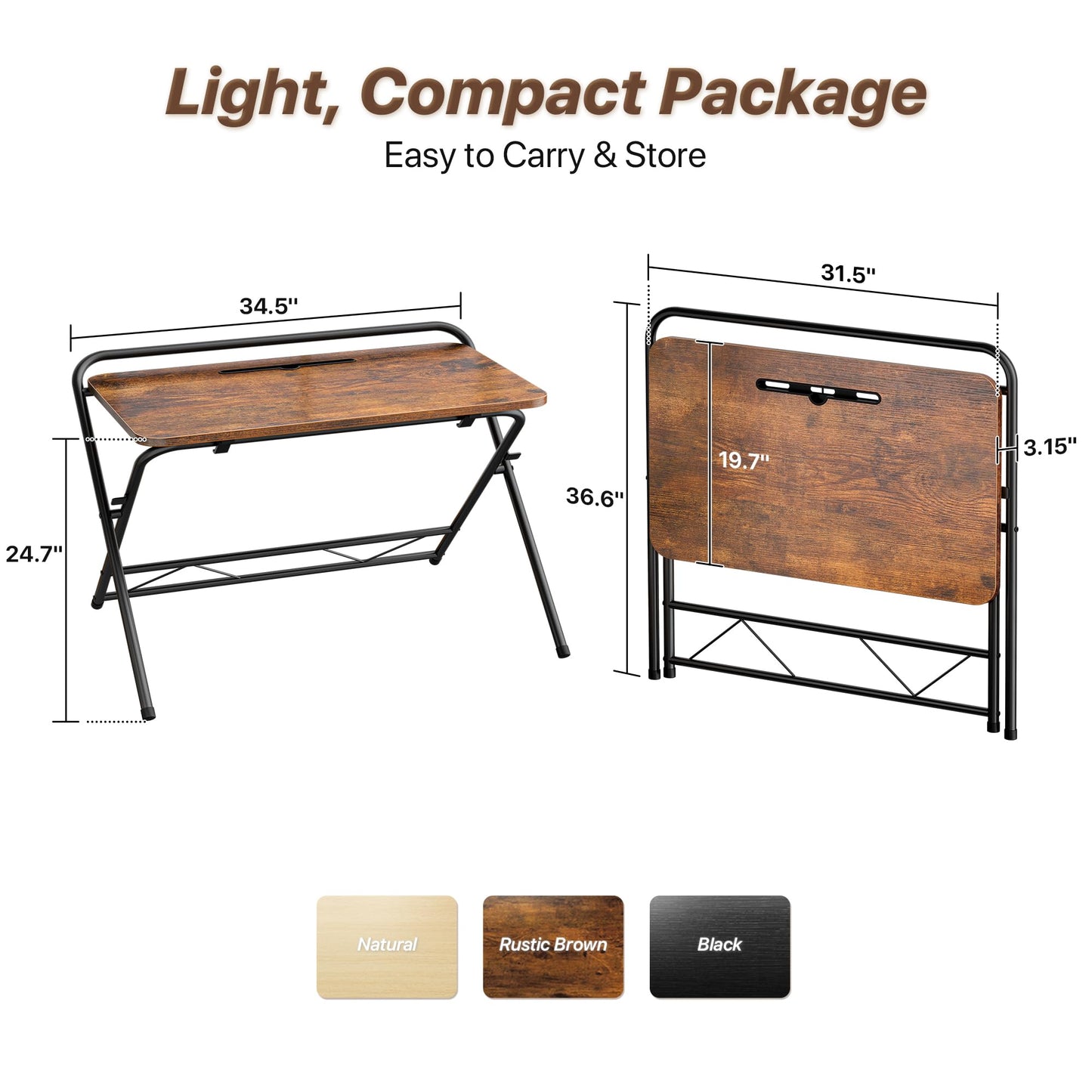 Huuger Folding Desk with 3-Level Adjustable Height and Tablet Slot, 32 Inch Foldable Computer Desk for Small Spaces, Space Saving, Writing Work Table for Home Office, Bedroom, Study, Rustic Brown