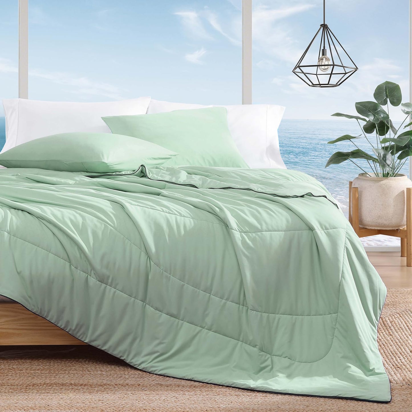 Monbix ChillChilla Cooling Comforter Queen Size-3 Pieces Cooling Blankets for Hot Sleepers and Night Sweats, Double-Sided Summer Queen Comforter Set, Breathable Lightweight Blanket Grey Green