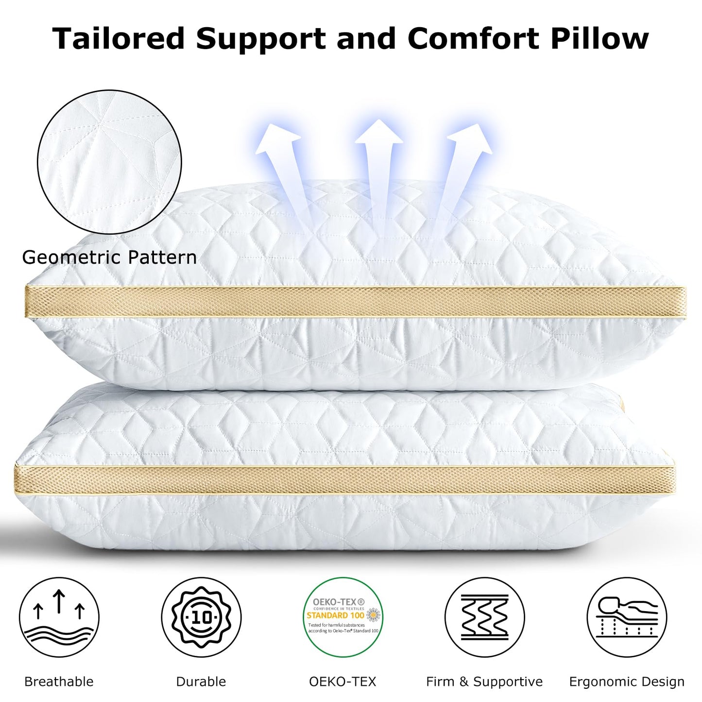 Pillows Queen Size Set of 2, Luxury Hotel Quality Queen Pillows for Sleeping 2 Pack, Cooling Soft Down Alternative Gusseted Bed Pillow, Comfortable and Supportive, Machine Washable