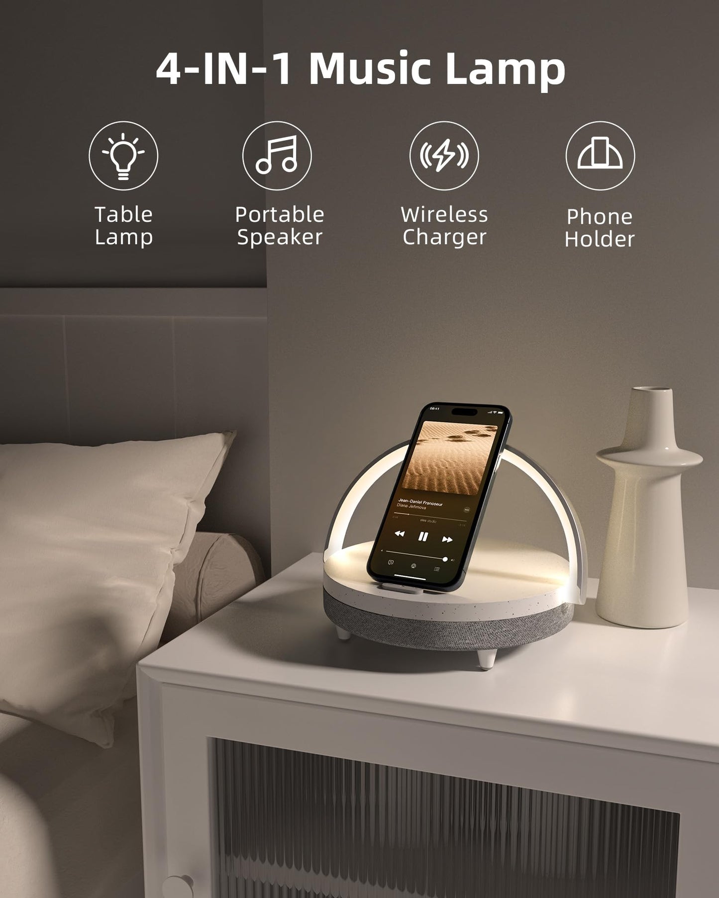 EZVALO Gift for Her, Music Table Lamp with Wireless Charger, 4 in 1 Touch Bedside Lamp, Portable Bluetooth Speaker, Phone Holder, Dimmable LED Night Lights Birthday Gifts for Women, Men, Dad, Mom