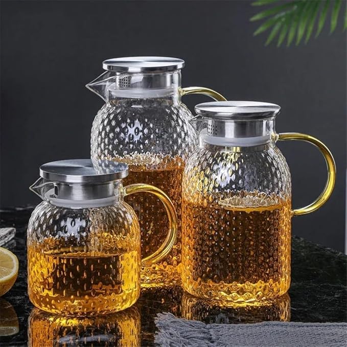 iced Tea Pitcher Glass Water Pitcher with Filter Lid and Pouring Spout Heat Resistant Glass Carafe for Hot Cold Beverages Homemade Ice Tea Bottle Juice Jug(1L)
