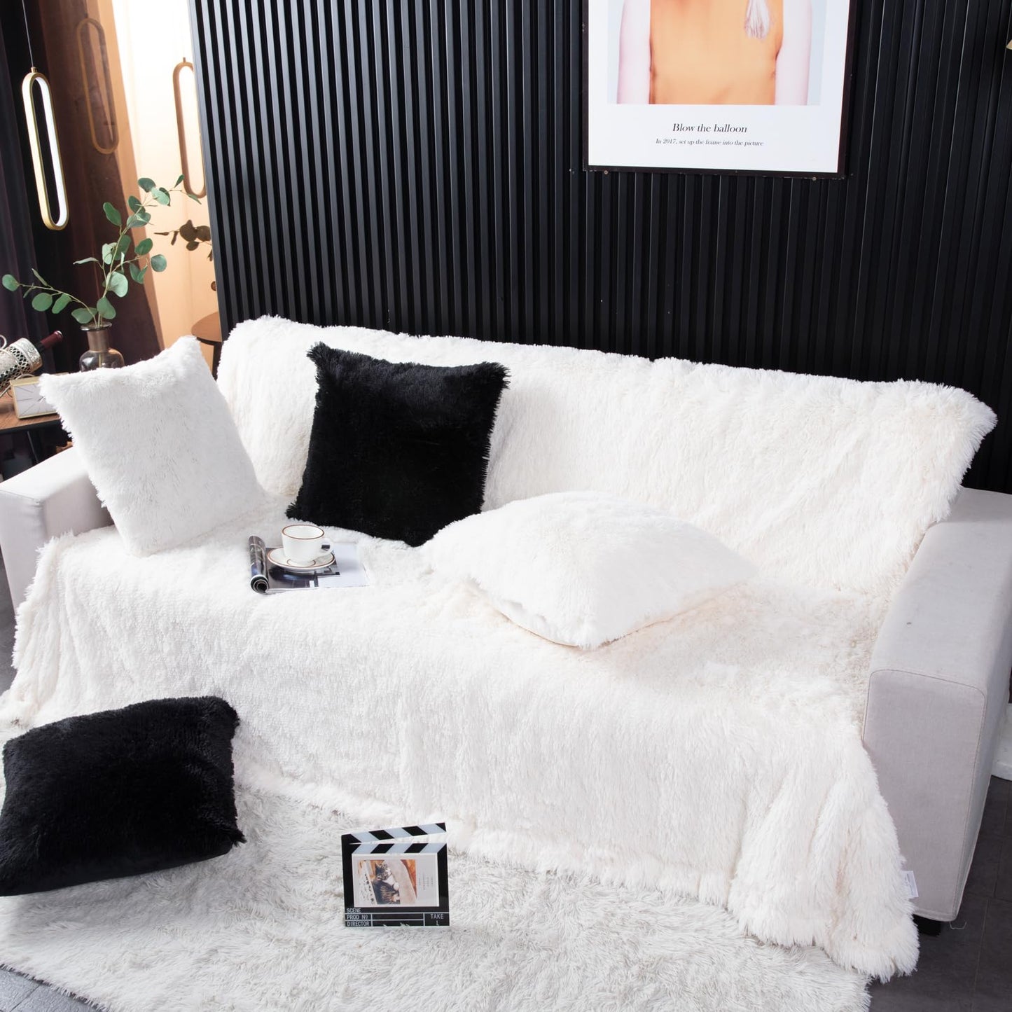 YUSOKI Long Faux Fur Throw Blanket for Sofa Couch,2 Layers,2.1lb,All Ages,Home Decoration, (Cream White,50" x 60")