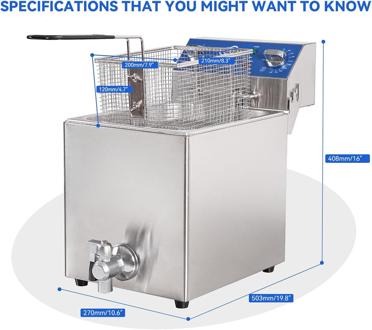 8.5Qt Electric Fryer with Oil Drain,30 Minutes Timer,Stretch forming oil tank,Lid and Solid Wire Mesh Basket,Medium Duty Commercial Electric Countertop Deep Fryers-120V,1800W