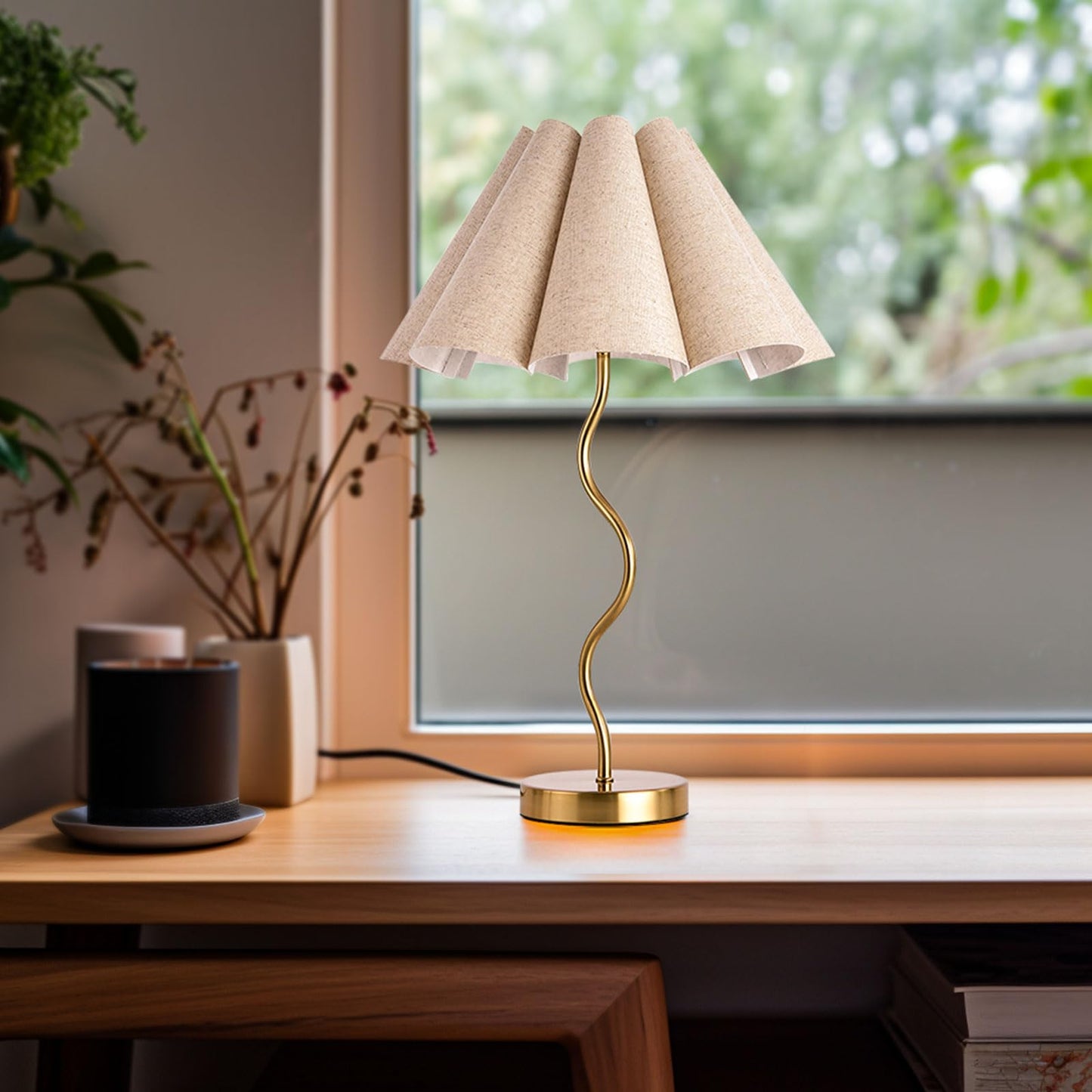 KUNJOULAM Small Table Lamp, Bedside Nightstand Lamp with Umbrella Form Fabric Lampshade, Morden Mini Desk Lamp for Bedroom Home Office Decor