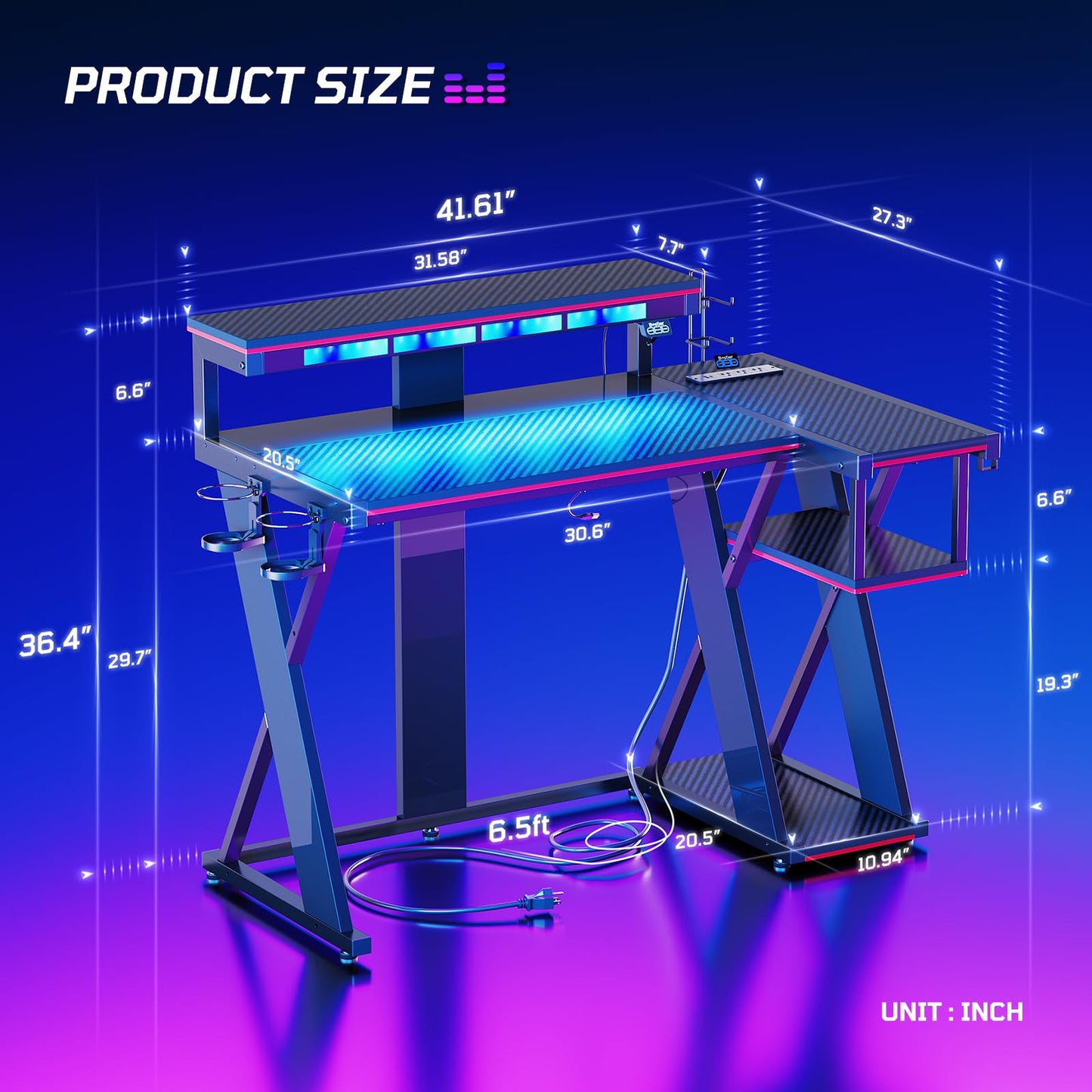 Bestier Computer Desk with Music Sync Light, Flow Vibe Corner Desk with Monitor Stand and PS5 Storage Shelves, Cup Holders, and Headset Hooks for Bedroom Small Space (Black Red, 42 Inch)