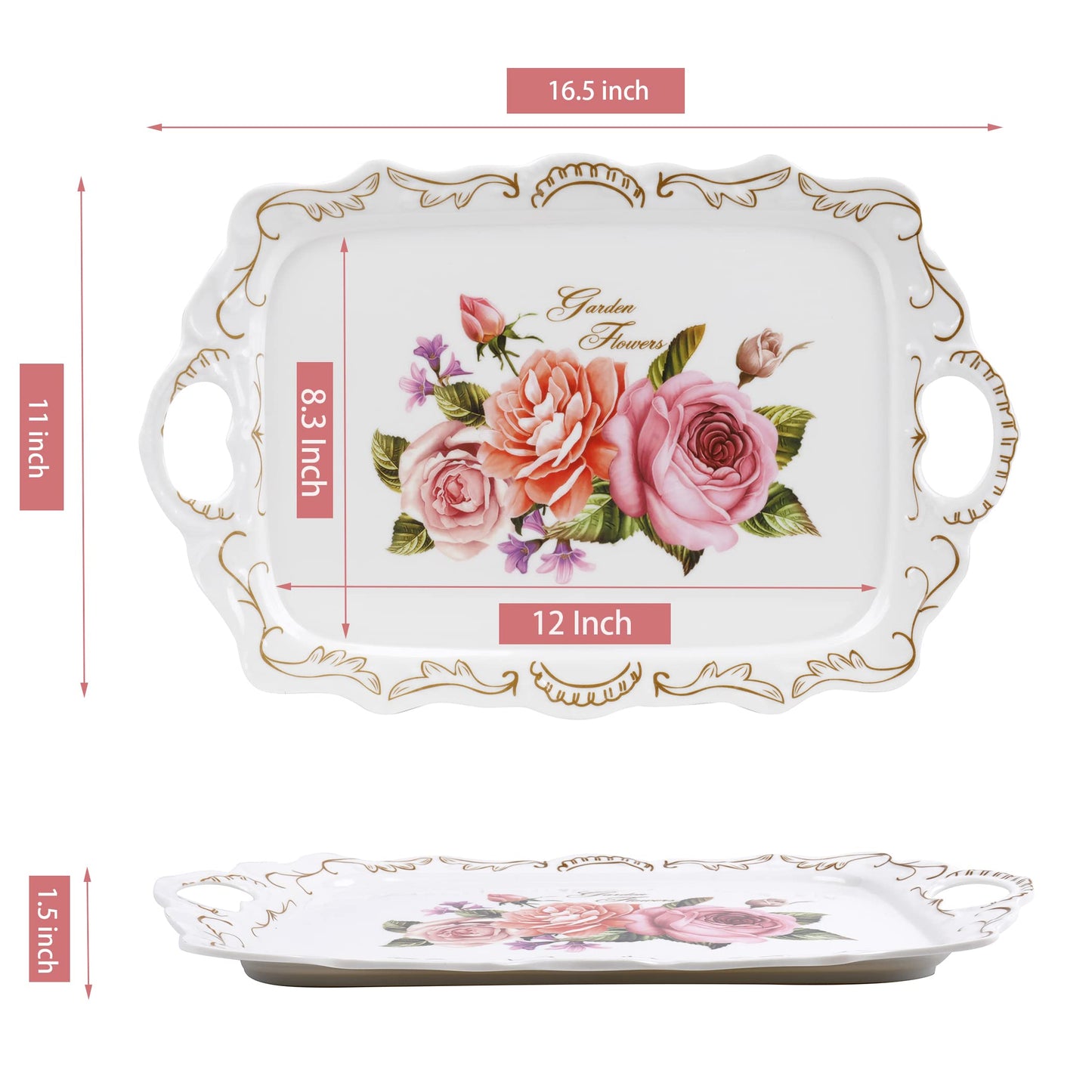 Nicunom 3 Pack Serving Trays with Handles, 16" L x 11" W Rectangular Trays for Eating, Melamine Serving Platters for Party, Floral Tray for Serving Food, Cookies, Desserts, Great Gift
