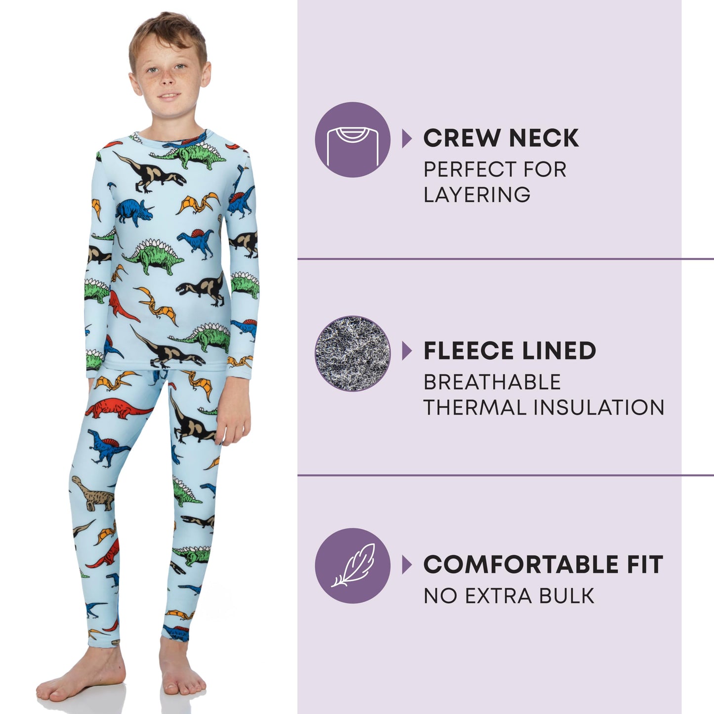 Rocky Thermal Underwear Kids, Boys Thermal Underwear Set Long Johns Thermals Kids Base Layer kids thermals top bottom set Boys Winter Clothes Shirt & Pants, Ski/Extreme Cold (Dinosaur, XX-Small)