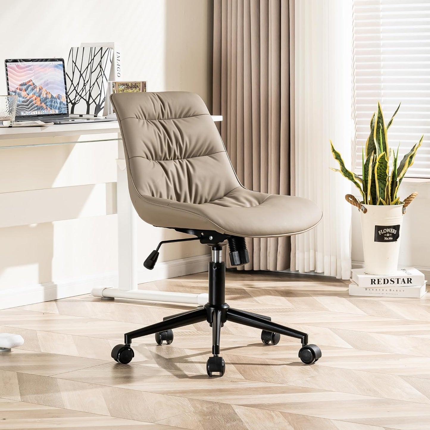 Kidol & Shellder Faux Leather Office Chair, Adjustable Swivel Height Task Chair, Rolling Wheels & Soft Backrest - Armless Ergonomic Desk Chair for Home, Office,Vanity,Gaming(Khaki)