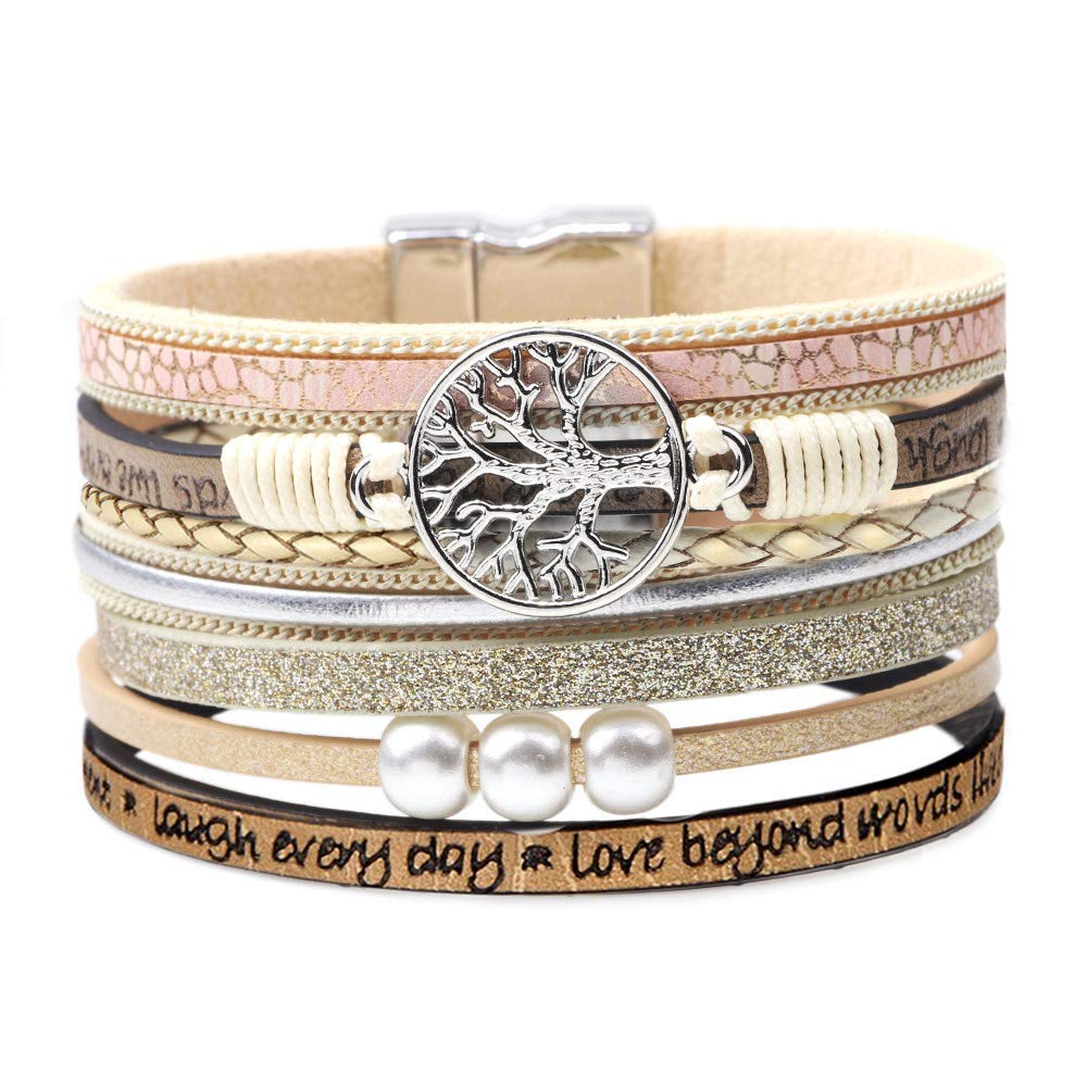 Inspirational Gifts, Tree of Life Leather Bracelets for Women, Trendy Stuff for Teen Girls, Mothers Day Birthday Gifts for Women Girls Mom - Bohemian Jewelry Beige