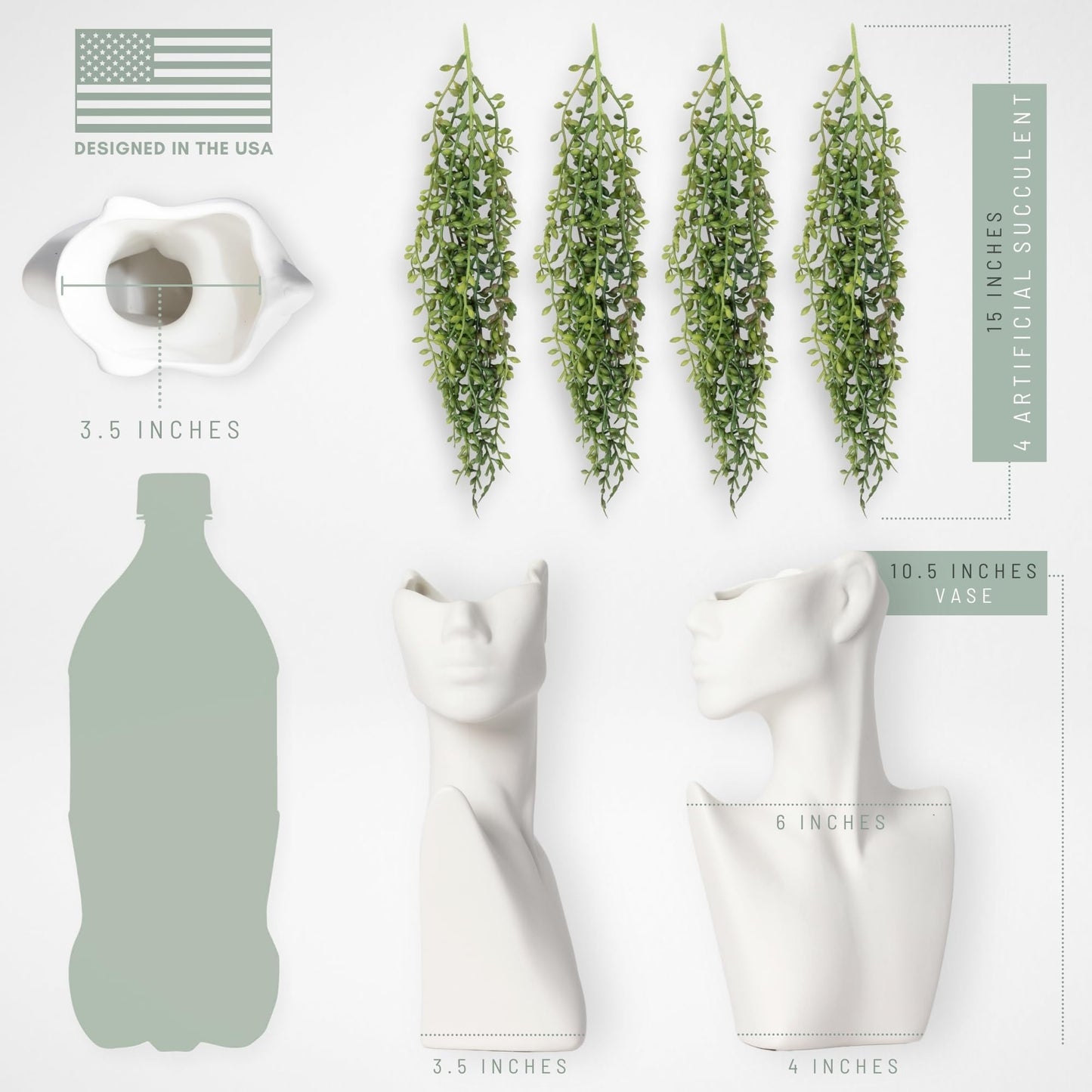 Face Vase with Faux String of Pearls Plant Gift Set, Head Vase Includes 4 Hanging Succulents Draping Greenery Branches for Centerpiece Table Decorations Table Office Shelf Living Room Decor