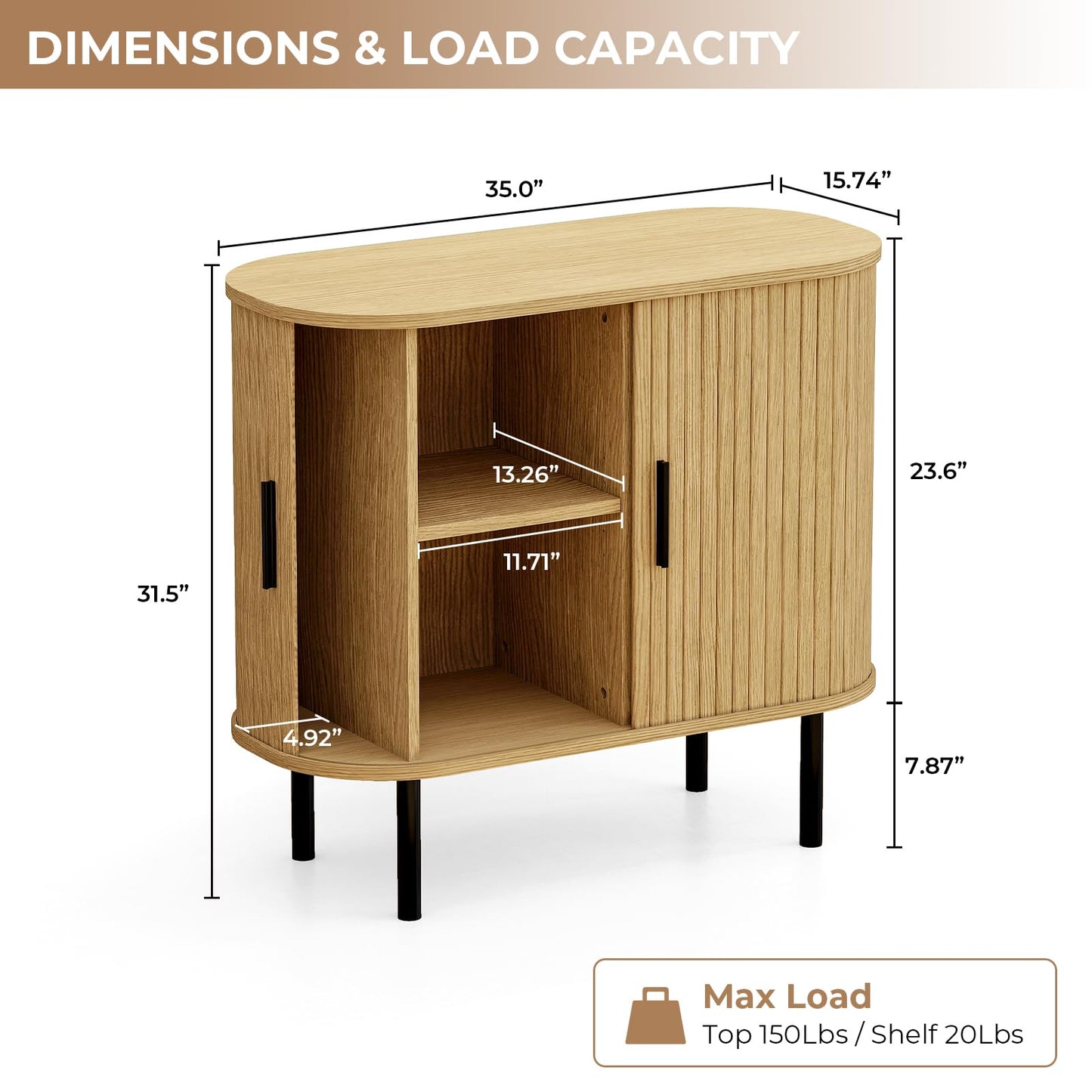 BREEZEHEAT 35" Fluted Sideboard Buffet Cabinet –Mid Century Modern Accent Cabinet-Tambour Credenza Console Table w/Sliding Doors & Adjustable Shelves–for Kitchen, Entryway, Living Room, Dining Room
