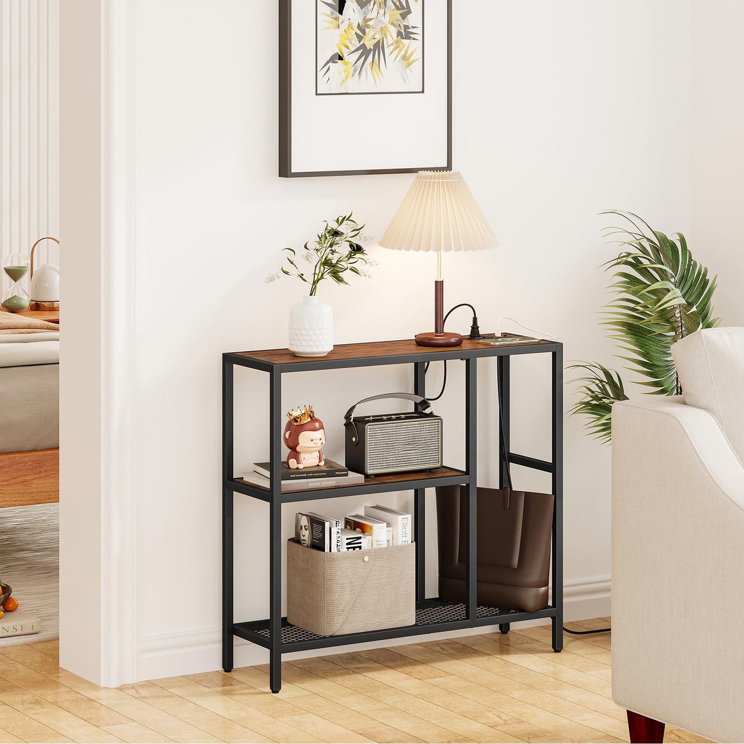 Snughome Console Table with Power Outlets, Entryway Table with Storage, 31.5" L x 9.8" W x 29.5" H Narrow Sofa Table with 3 Tier Shelves, Couch Table with USB Ports, for Hallway Living Room, Entrance