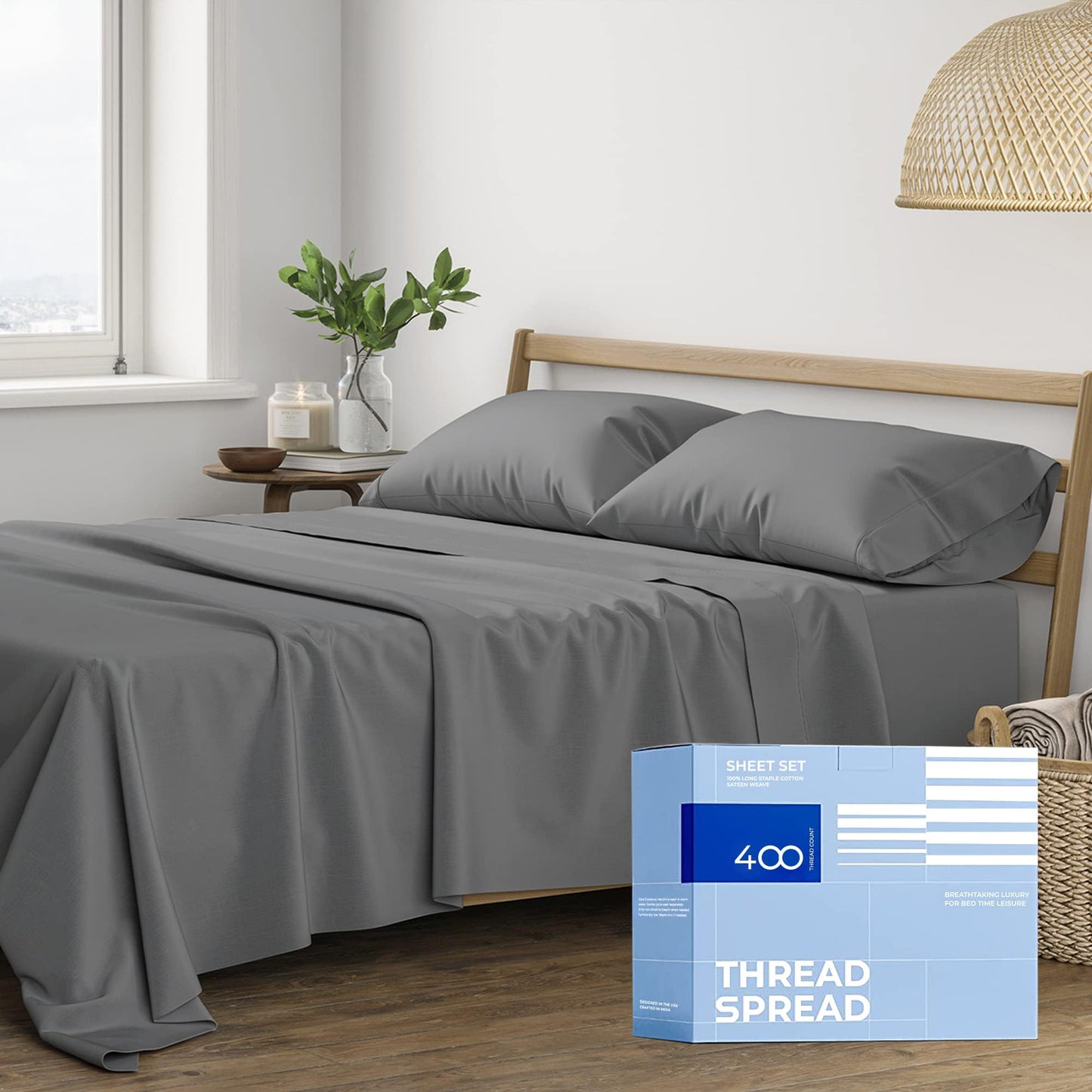 THREAD SPREAD Queen Bed Sheets - 400 Thread Count 4 PC 100% Egyptian Cotton Sheets, Cooling Sheets Queen Size, Sateen Weave Cotton Sheets, Deep Pocket Queen Sheet Set, Soft Bed Sheet Queen (Dark Grey)